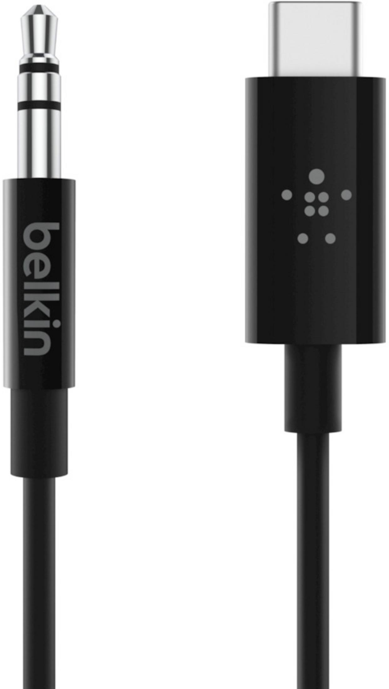 Un cavo Belkin nero con jack audio da 3,5 mm e connettore USB-C.