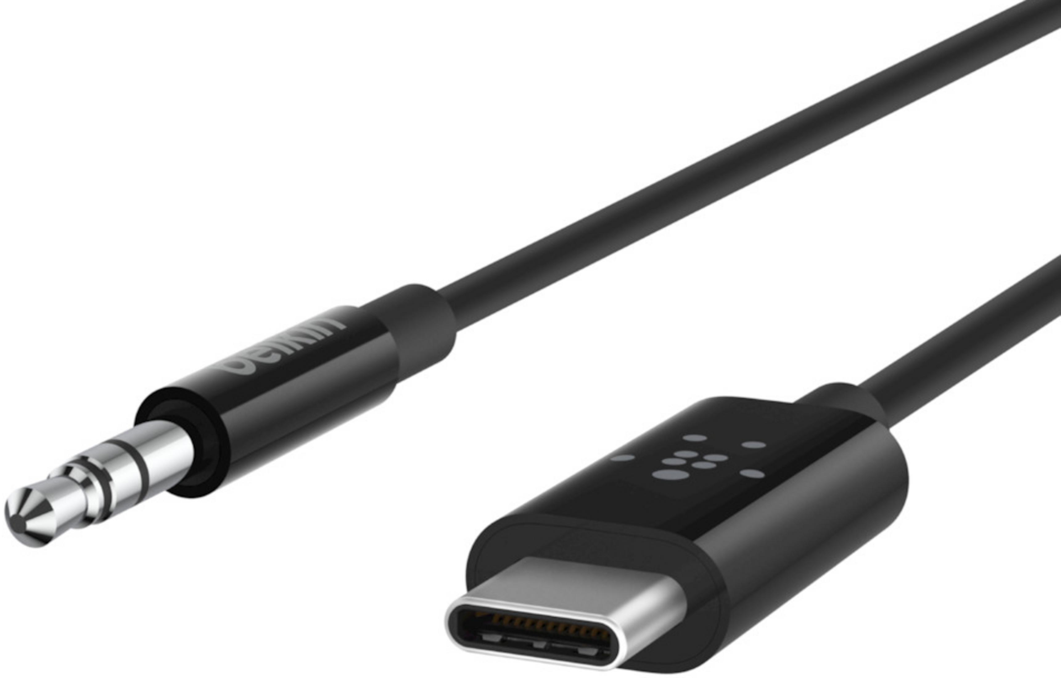 Cavo nero con jack da 3,5 mm e connettore USB-C, con logo su entrambi.