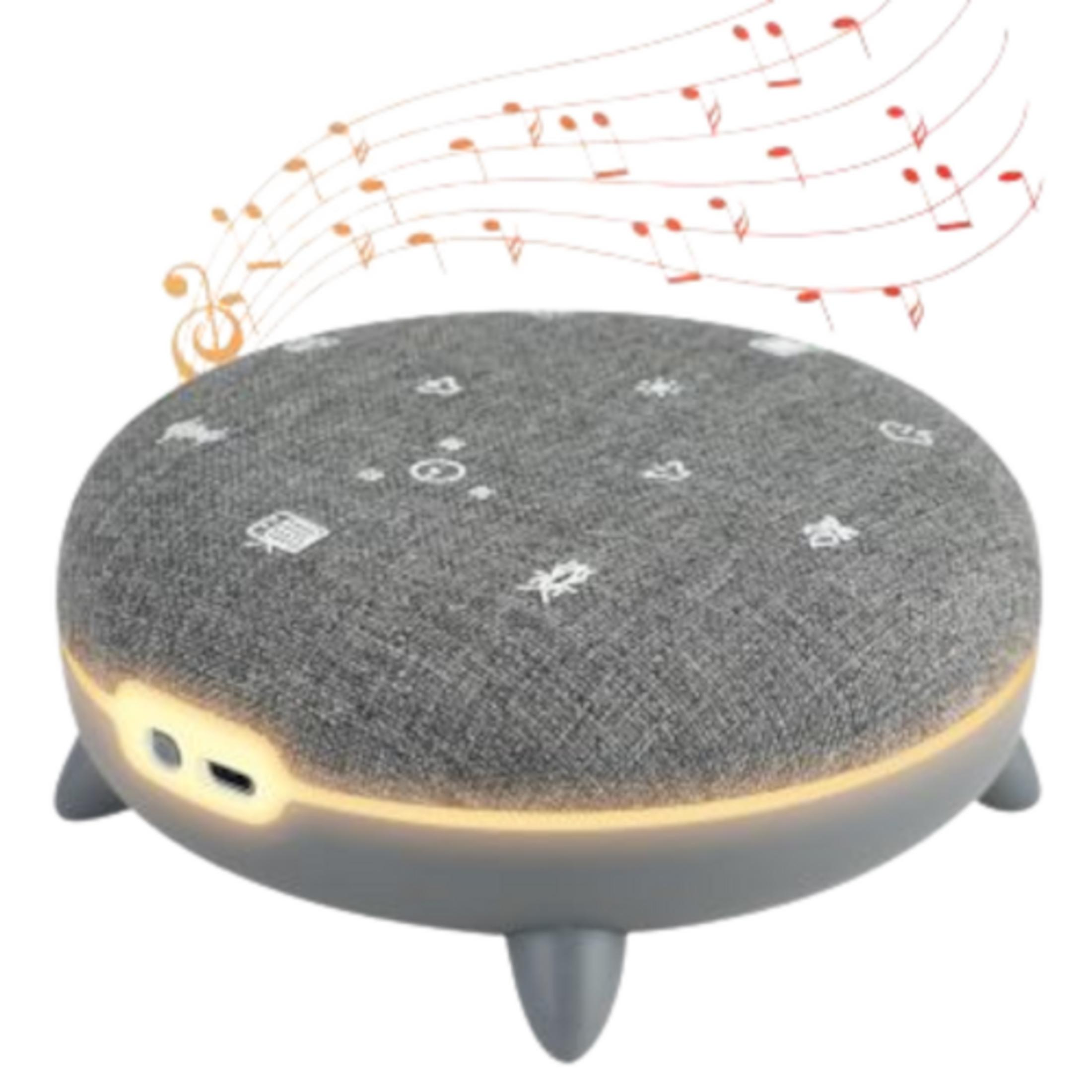Dispositivo grigio con piedini, pulsante luce e note musicali.