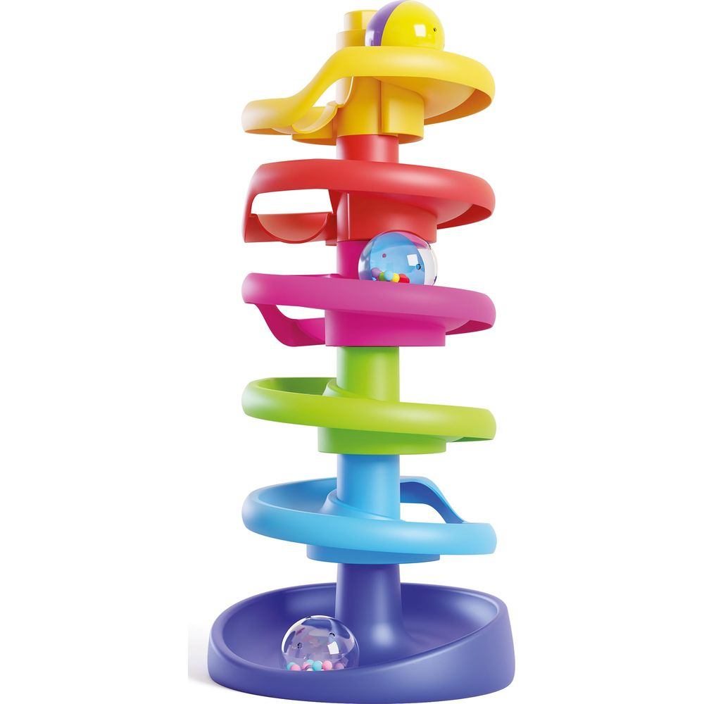 Una colorata torre a più livelli con palline e rampe.