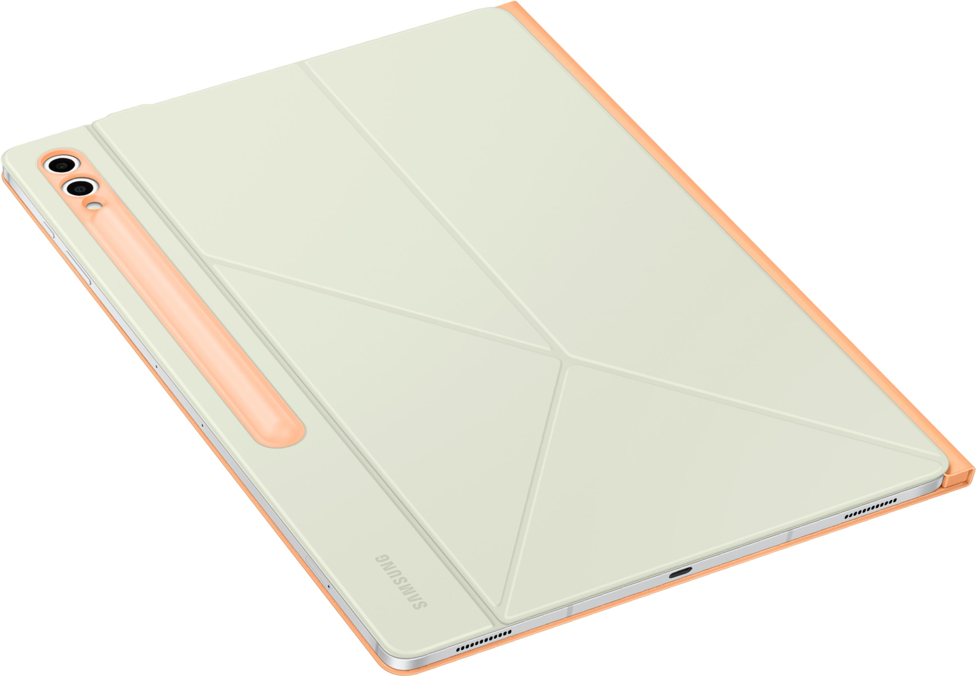 Une tablette vert clair avec porte-stylo et bordure orange sur fond blanc.