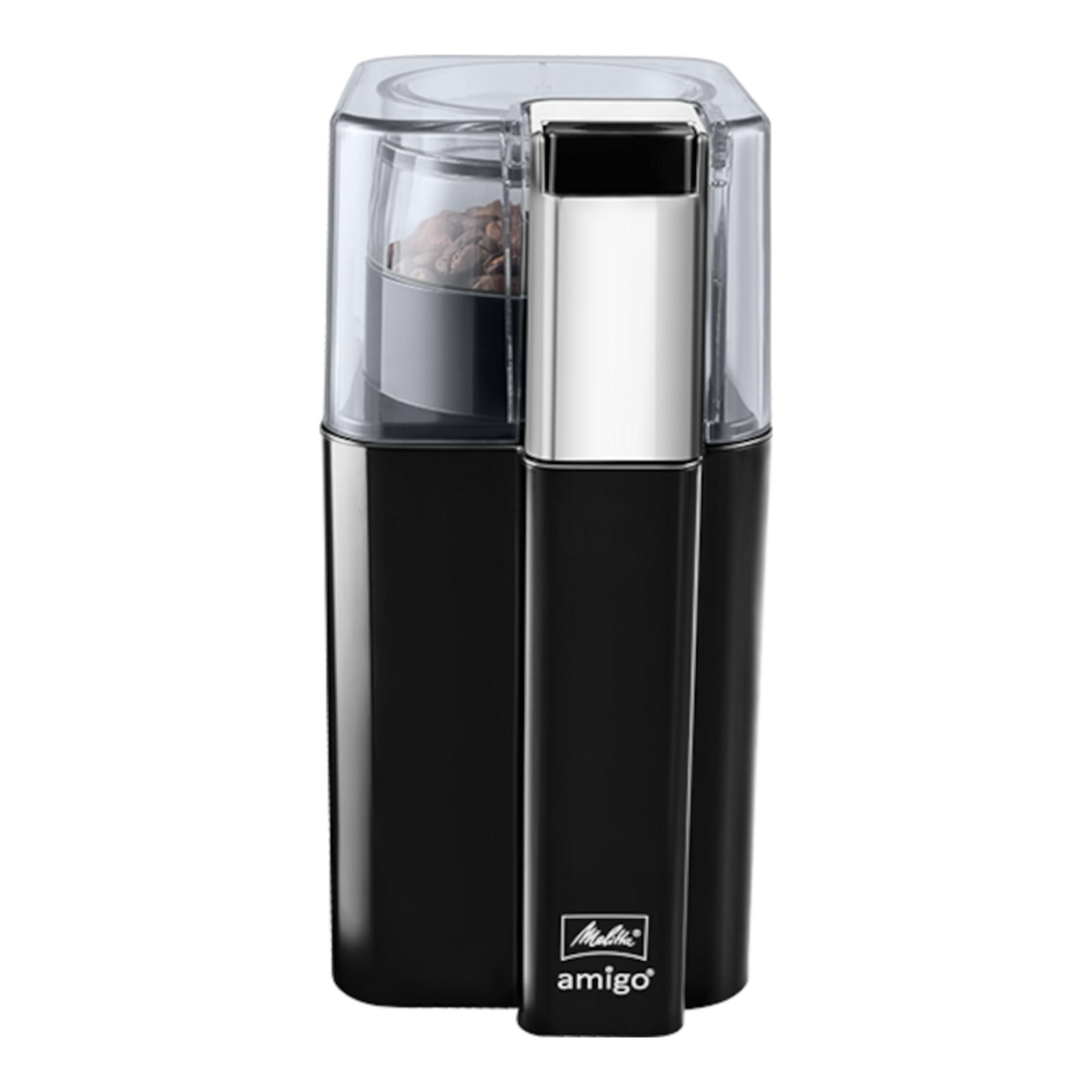 Czarny młynek do kawy z przezroczystym pojemnikiem i ziarnami kawy.