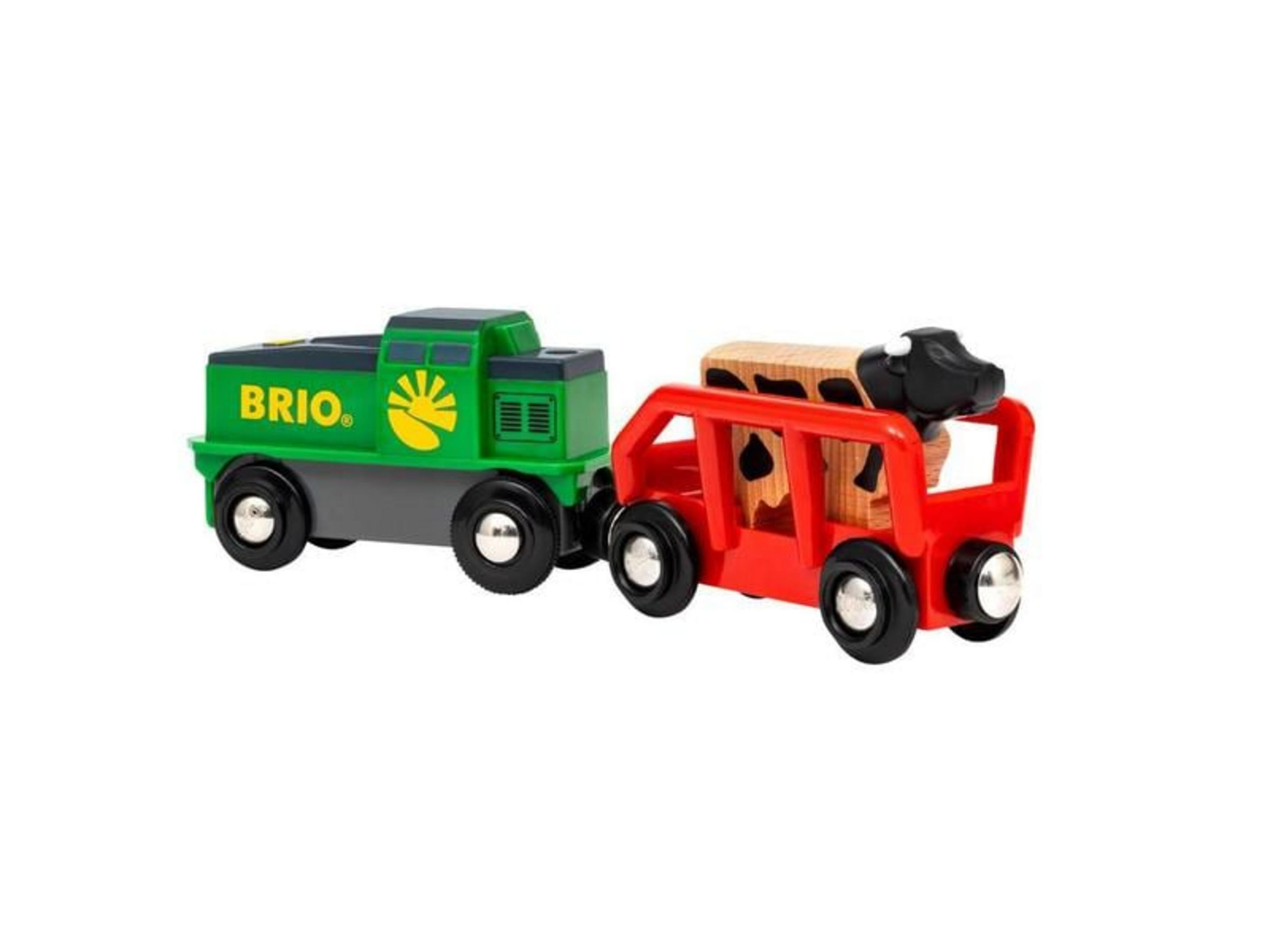 Zielona lokomotywa BRIO ciągnie czerwony wagon z drewnianą krową.