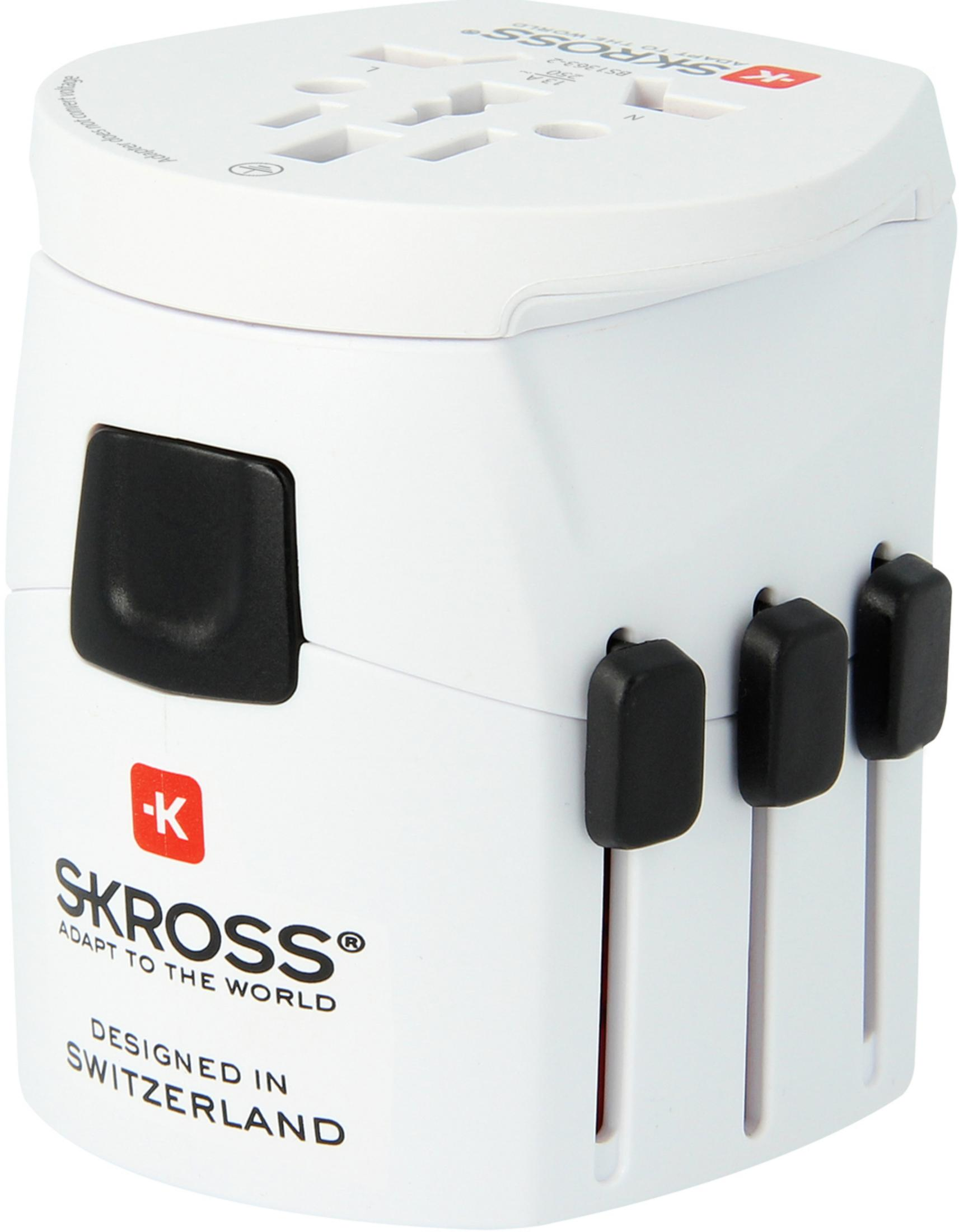 Un adattatore da viaggio bianco SKROSS con pin e prese retrattili.