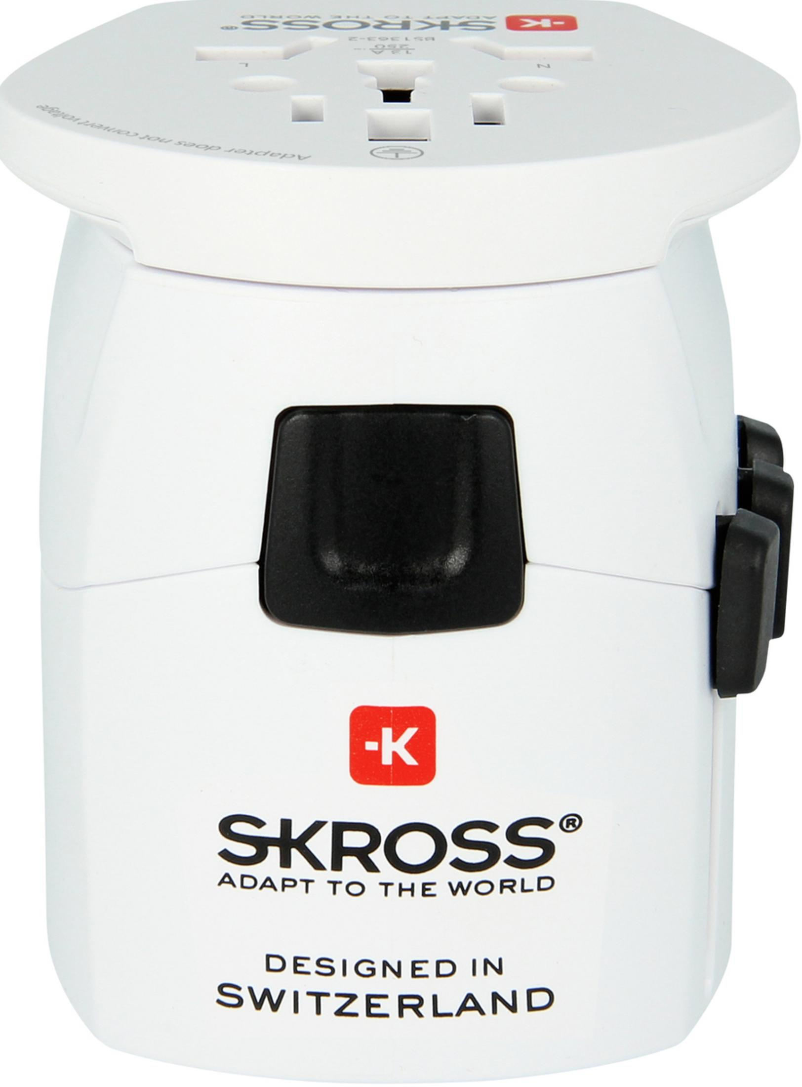 Adattatore da viaggio SKROSS bianco, progettato in Svizzera.