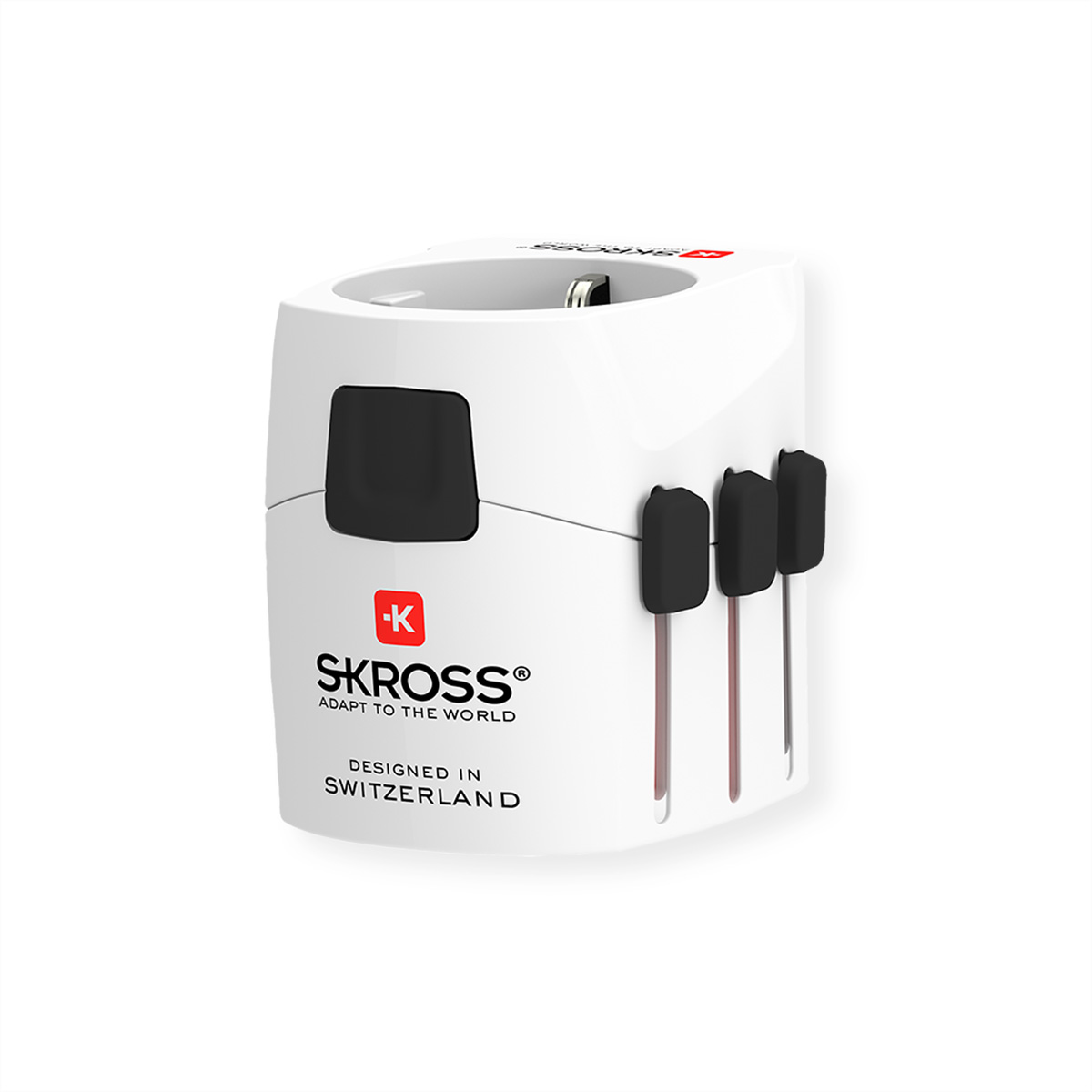 Adattatore da viaggio SKROSS bianco con spine estraibili e cursore nero.