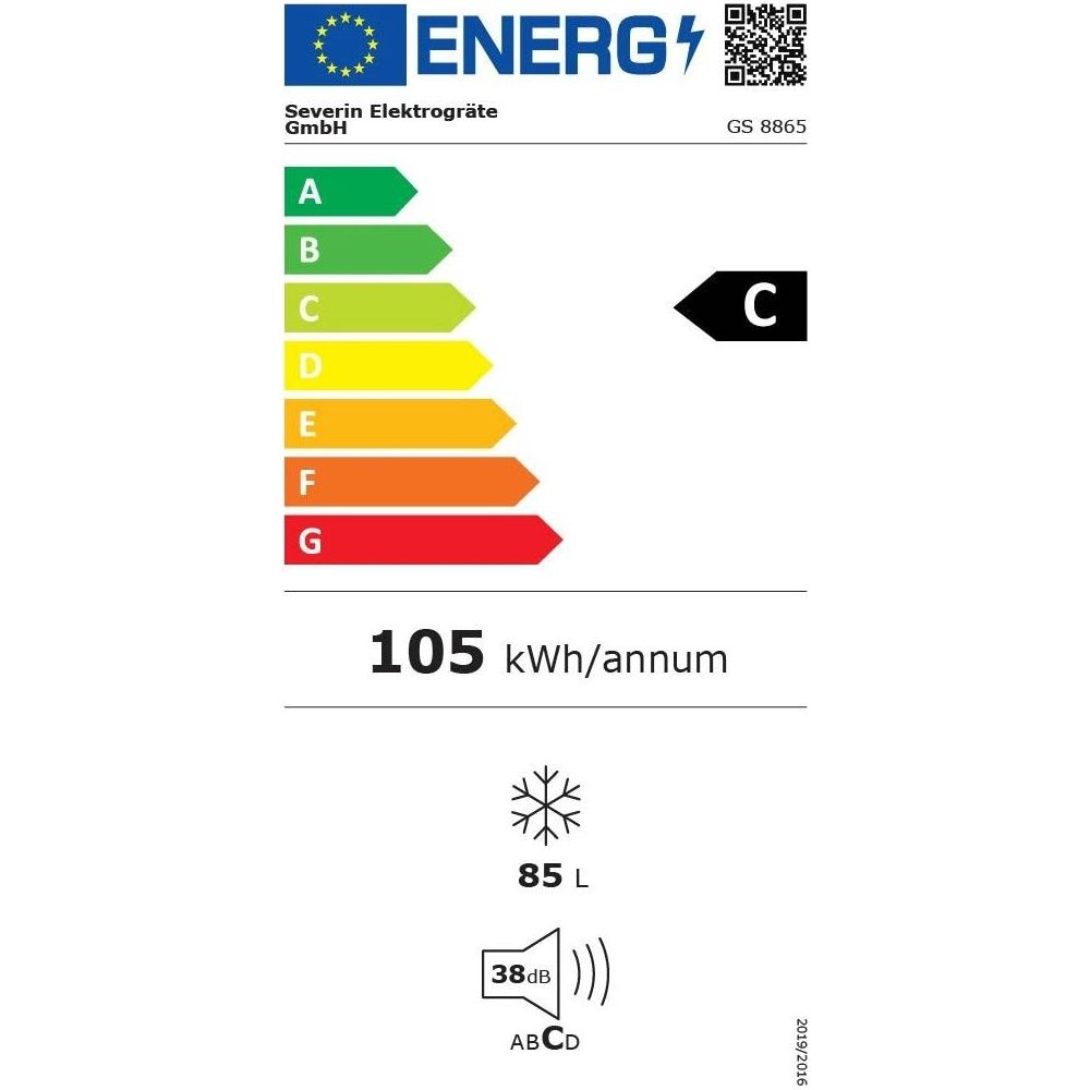 Etykieta energetyczna klasa C, 105 kWh/rok, pojemność 85L, hałas 38dB.