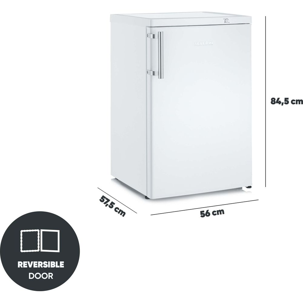 Biała lodówka z srebrnym uchwytem i wymiarami.