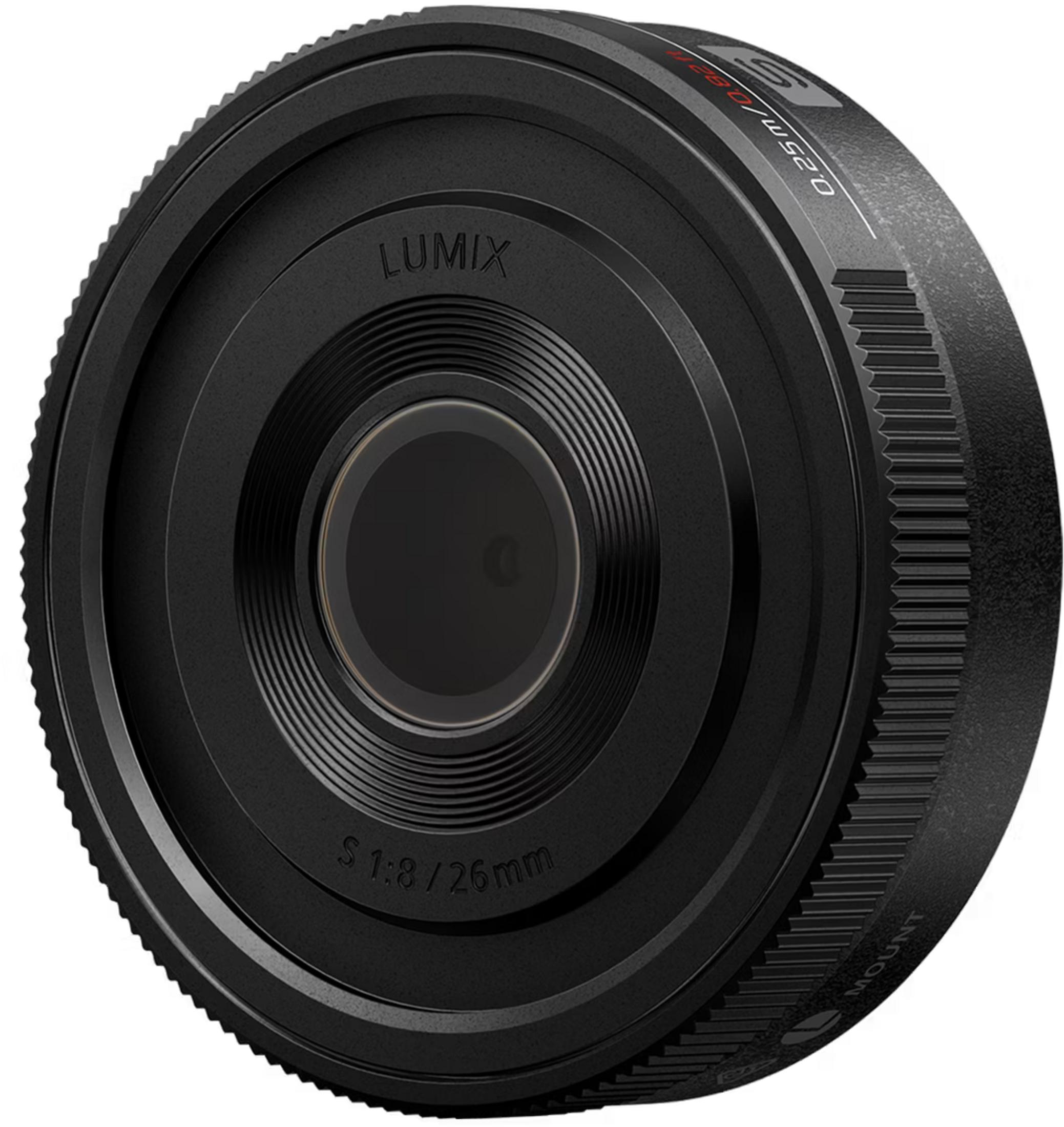 Eine schwarze Kameraobjektiv mit Lumix-Schriftzug und Spezifikationen.
