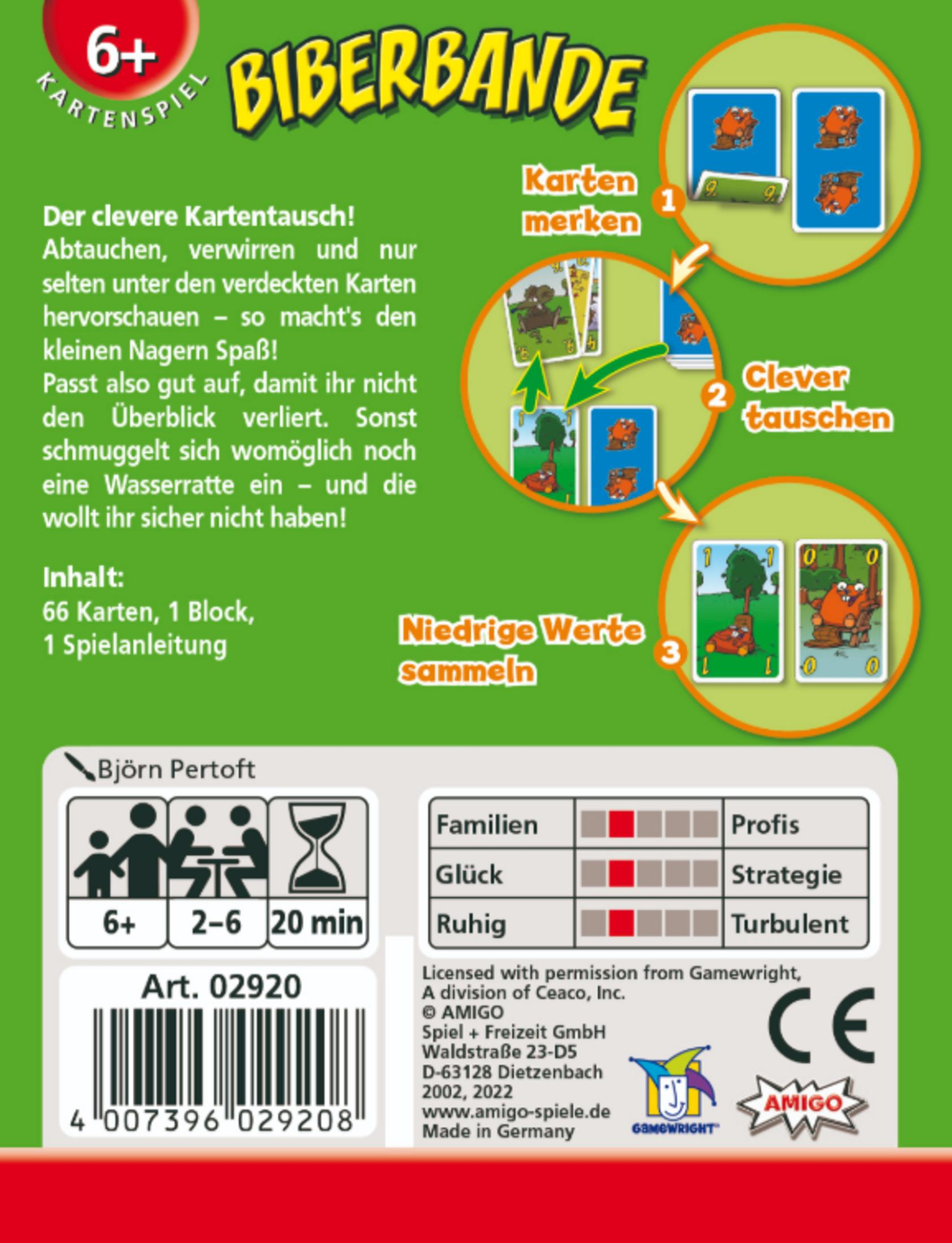 Spiel "Biberbande": 66 Karten, 1 Block, 1 Spielanleitung. Alter 6+.