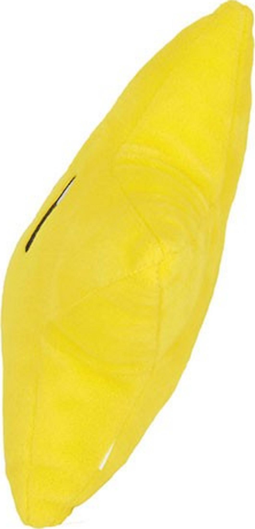 Un peluche amarillo con forma de plátano y una línea negra por ojo.