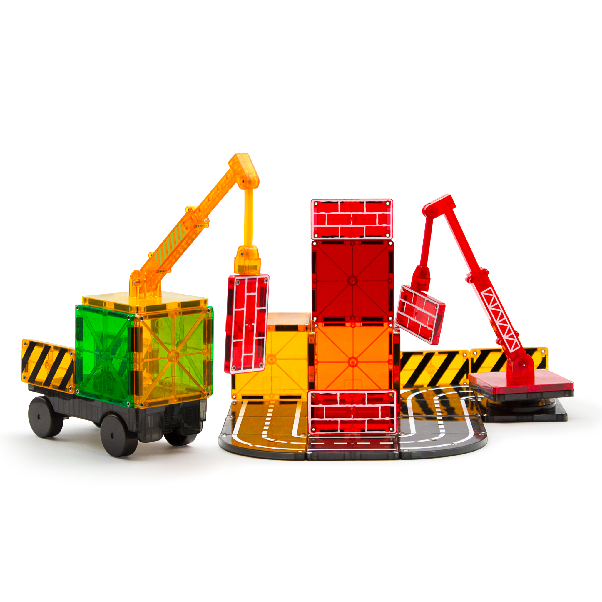 Bunte Baustein-Konstruktion mit Kranwagen, Kränen und Bauteilen.