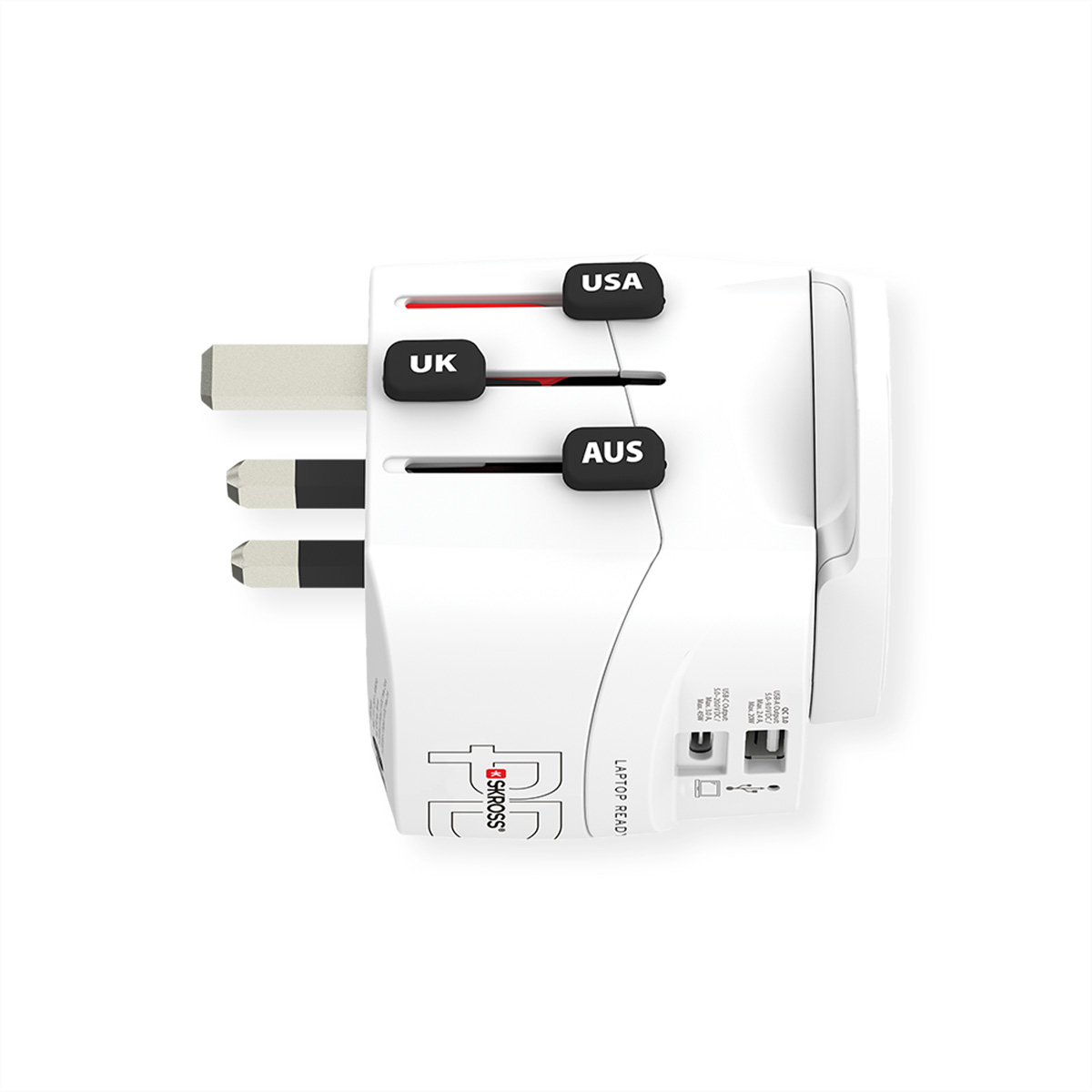 Un adattatore da viaggio bianco con pin estraibili per USA, UK e AUS.