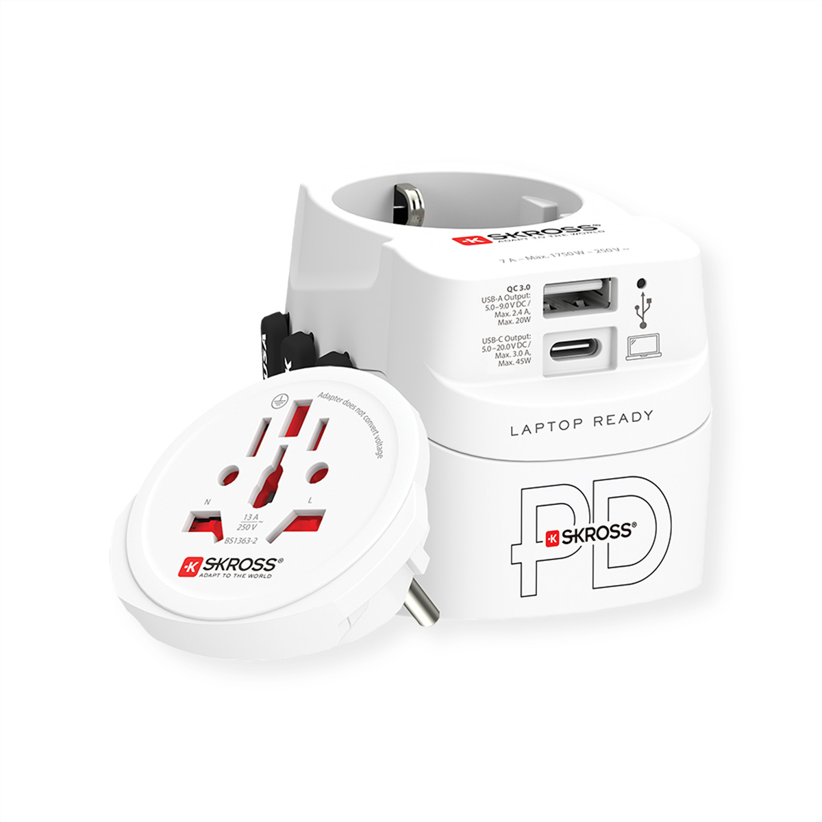 Un adattatore da viaggio bianco con prese multiple e porte USB.