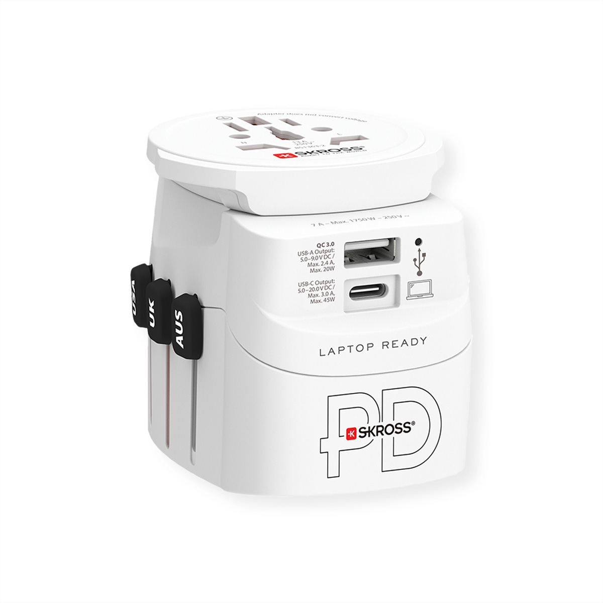 Un adattatore da viaggio bianco con porte USB-A, USB-C e spine retrattili.