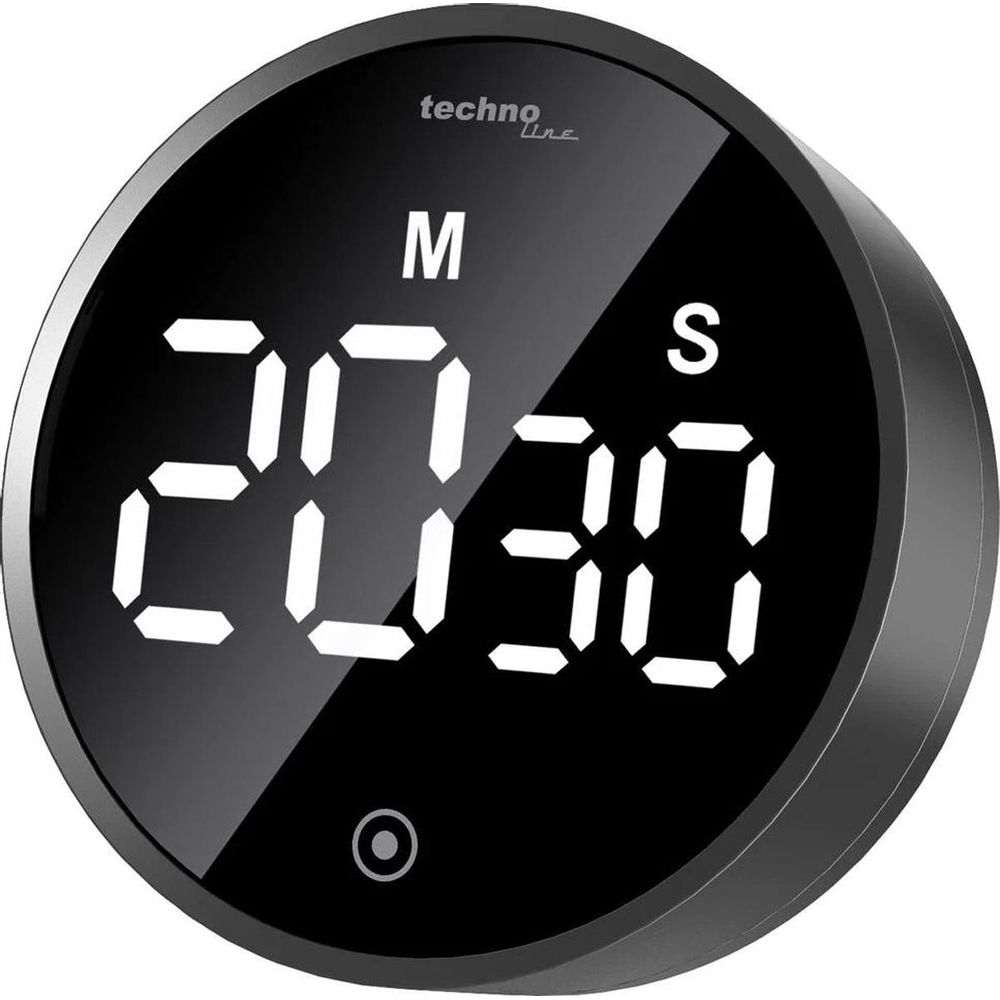 Ein runder schwarzer Timer mit digitaler Anzeige, die 20:30 zeigt.