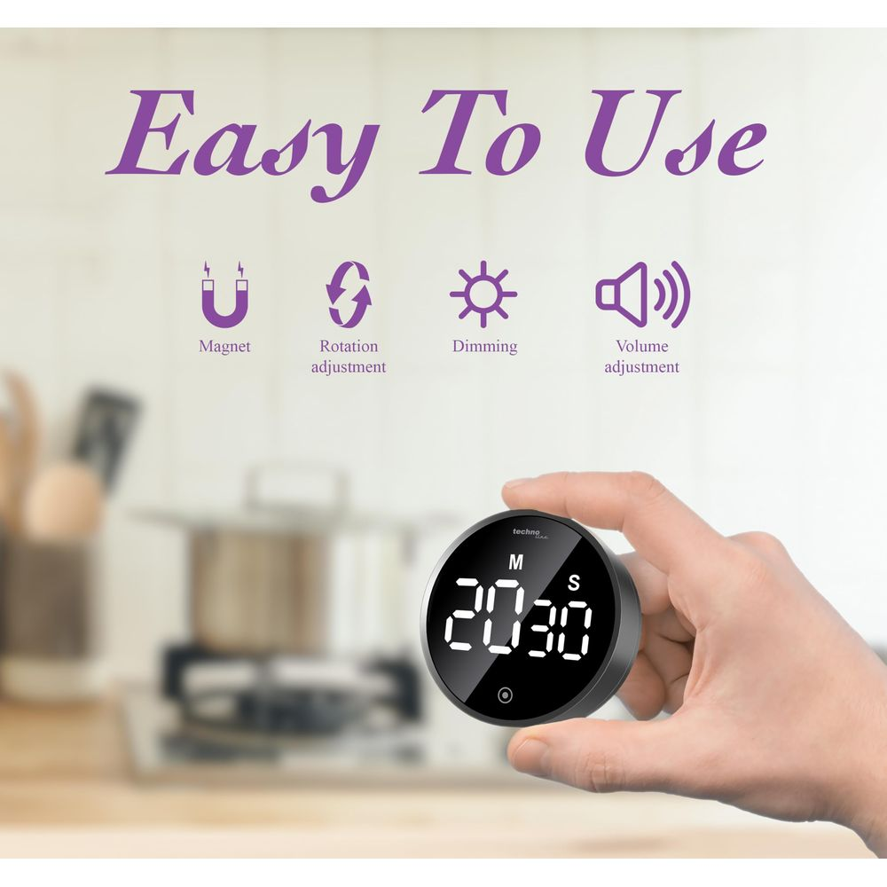 Digitale Küchentimer mit Magnet, Rotation, Dimmen und Lautstärkeanzeige.