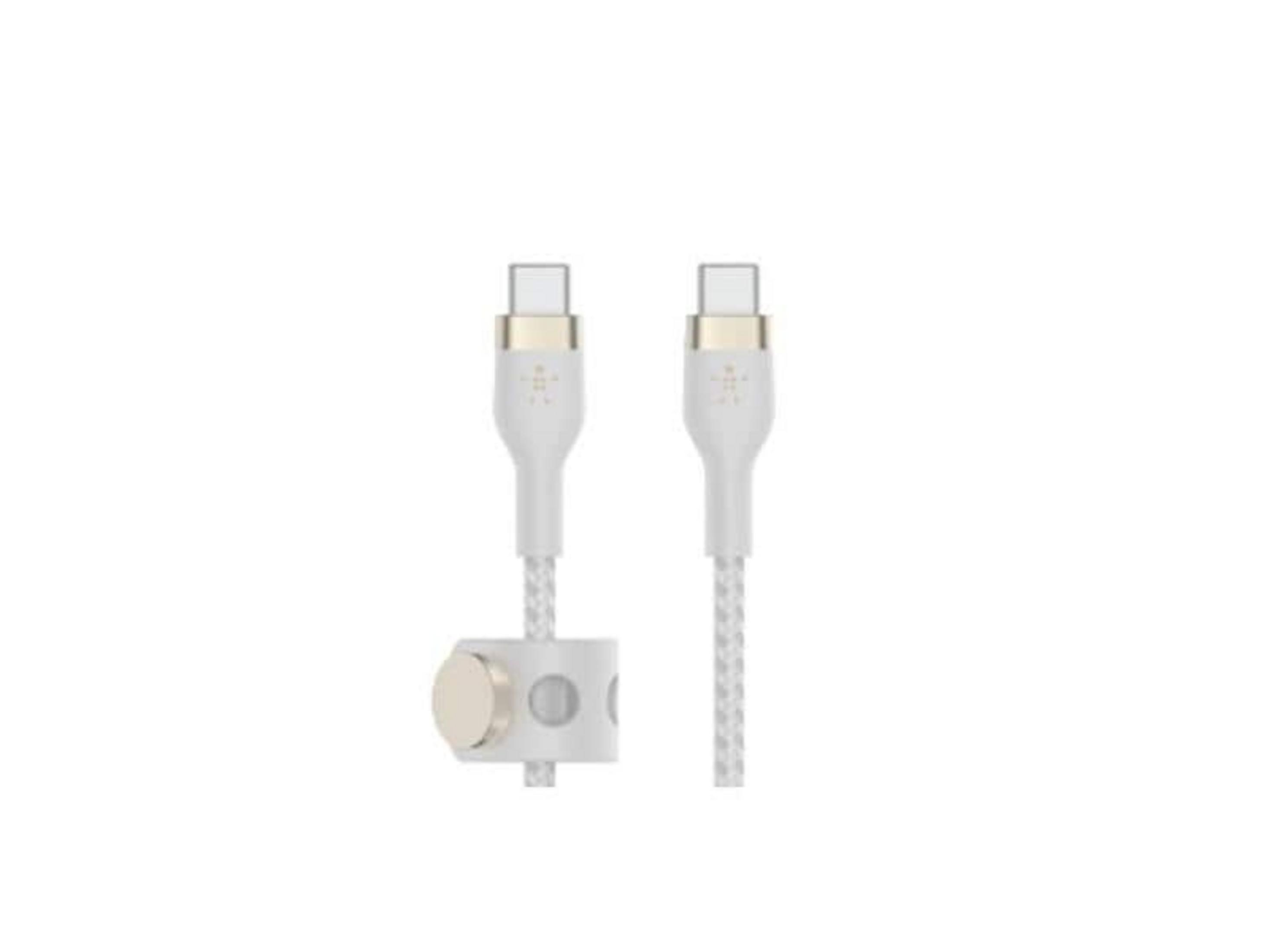 Dwa białe kable USB-C z plecionką materiałową i złotymi akcentami na białym tle.