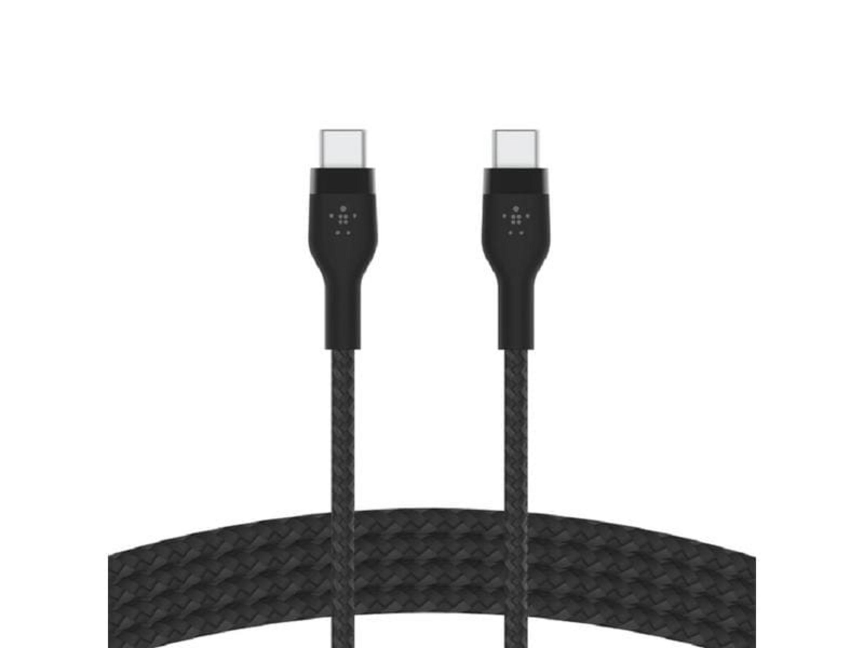 Dwa czarne, plecione kable USB-C na białym tle.