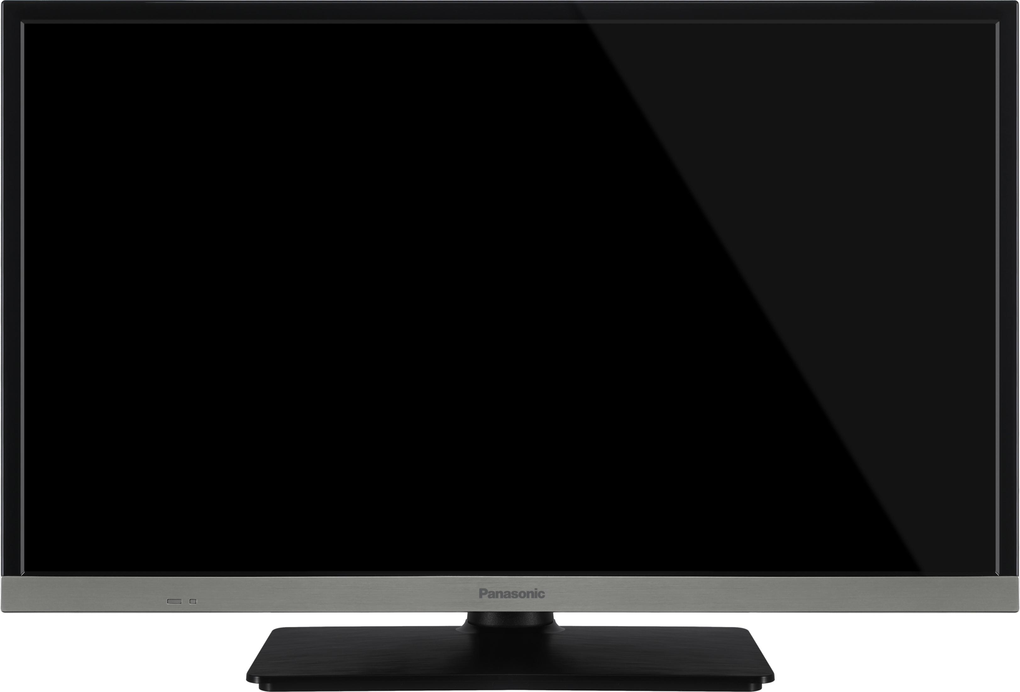 Telewizor Panasonic z płaskim ekranem, czarnym ekranem i srebrną ramką.