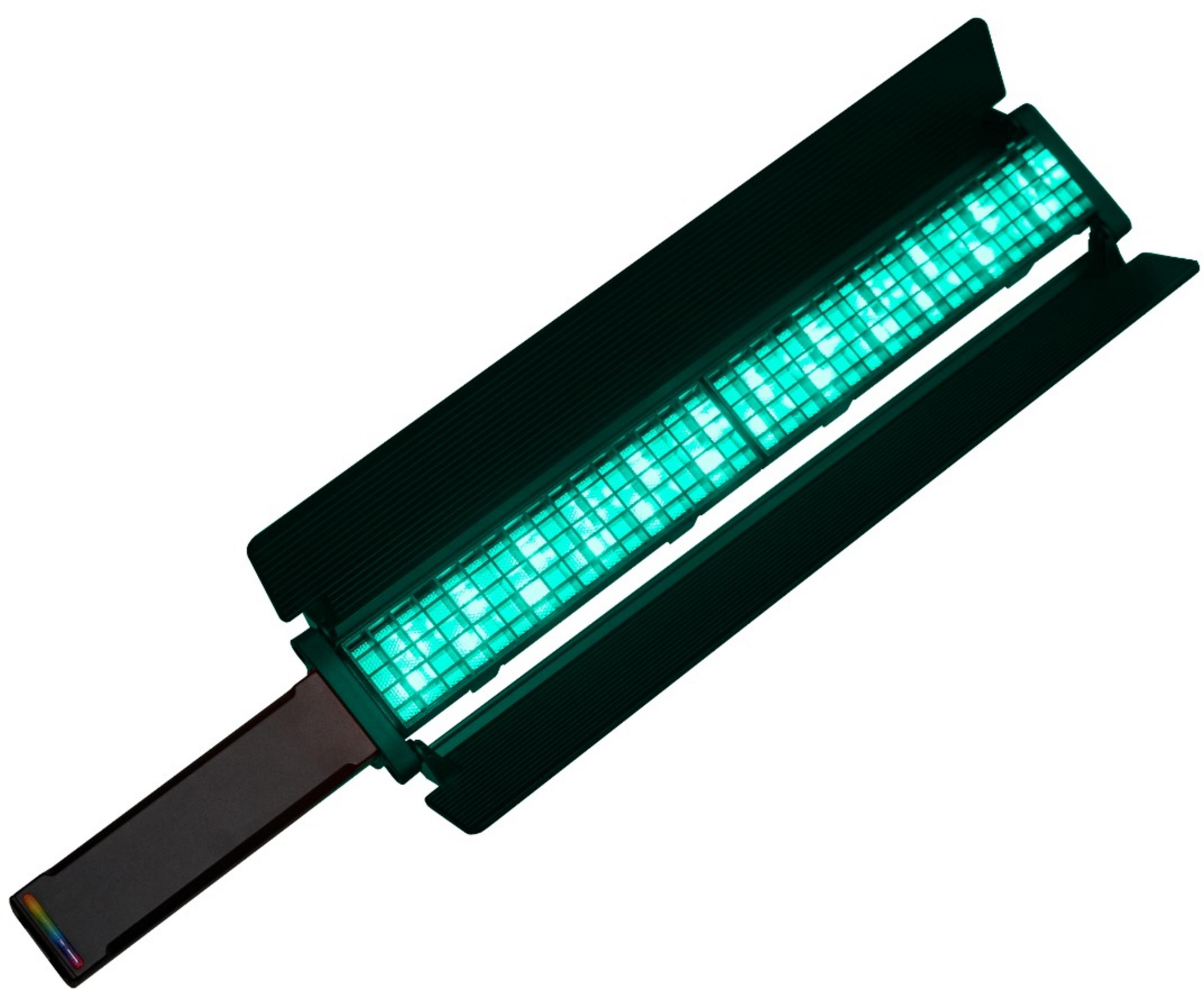 Ein dunkler, rechteckiger LED-Lichtstab mit aqua-farbenen Lichtern.