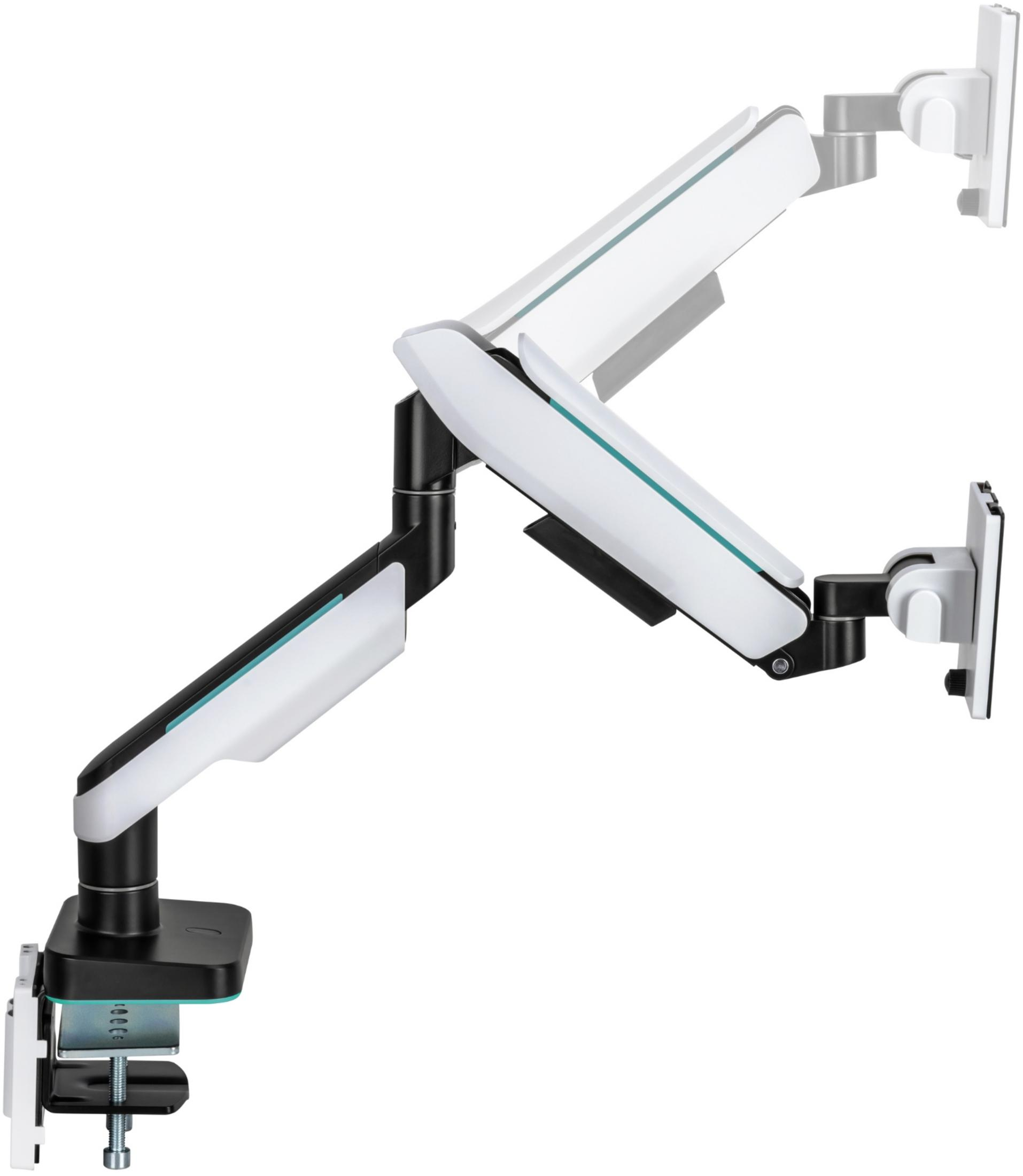 Un bras de moniteur blanc et noir avec bras articulés et fixation à pince.
