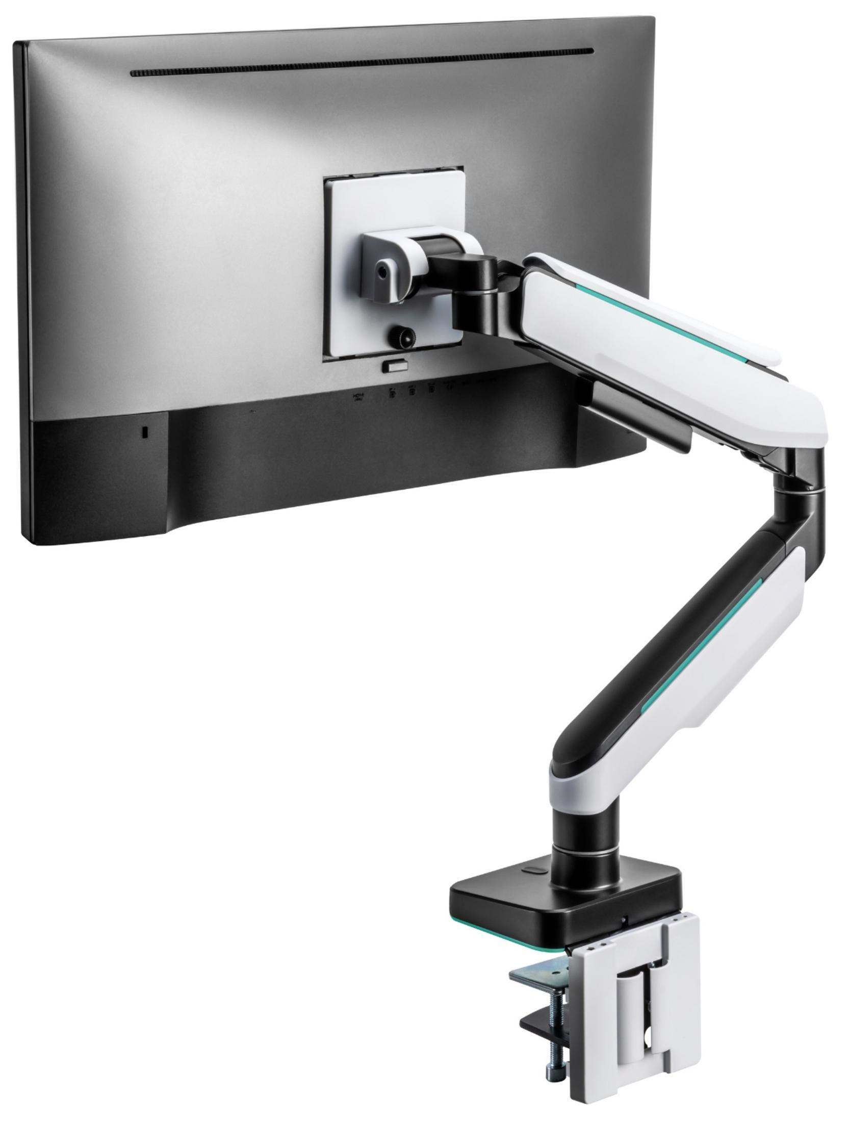 Vue arrière d'un moniteur avec bras de bureau réglable en noir et blanc.