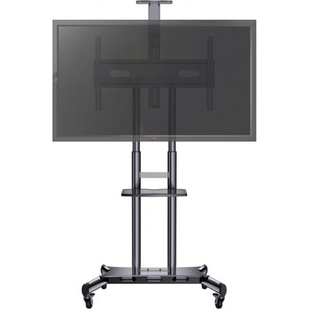 Ein mobiler TV-Ständer mit einem großen, dunklen Bildschirm und Rollen.