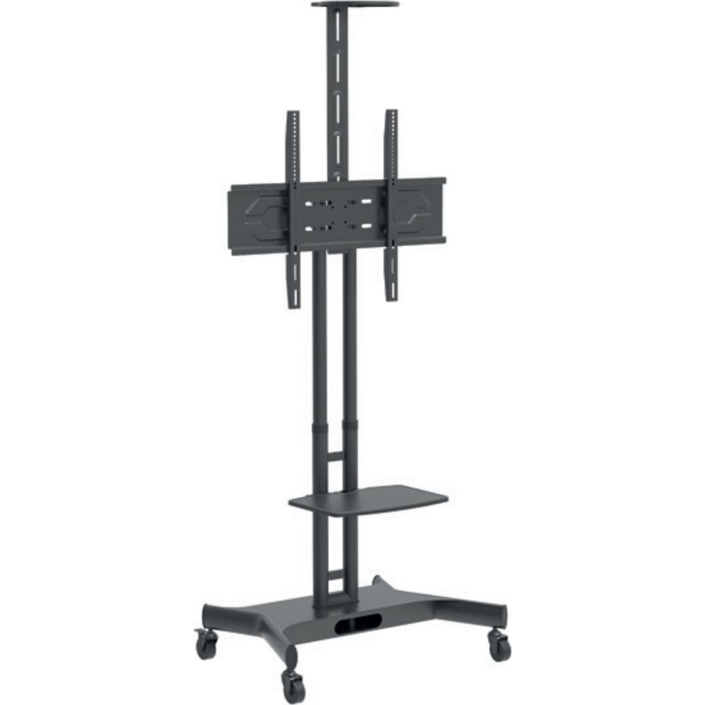 Ein mobiler TV-Ständer mit Rädern, Ablage und Halterung.