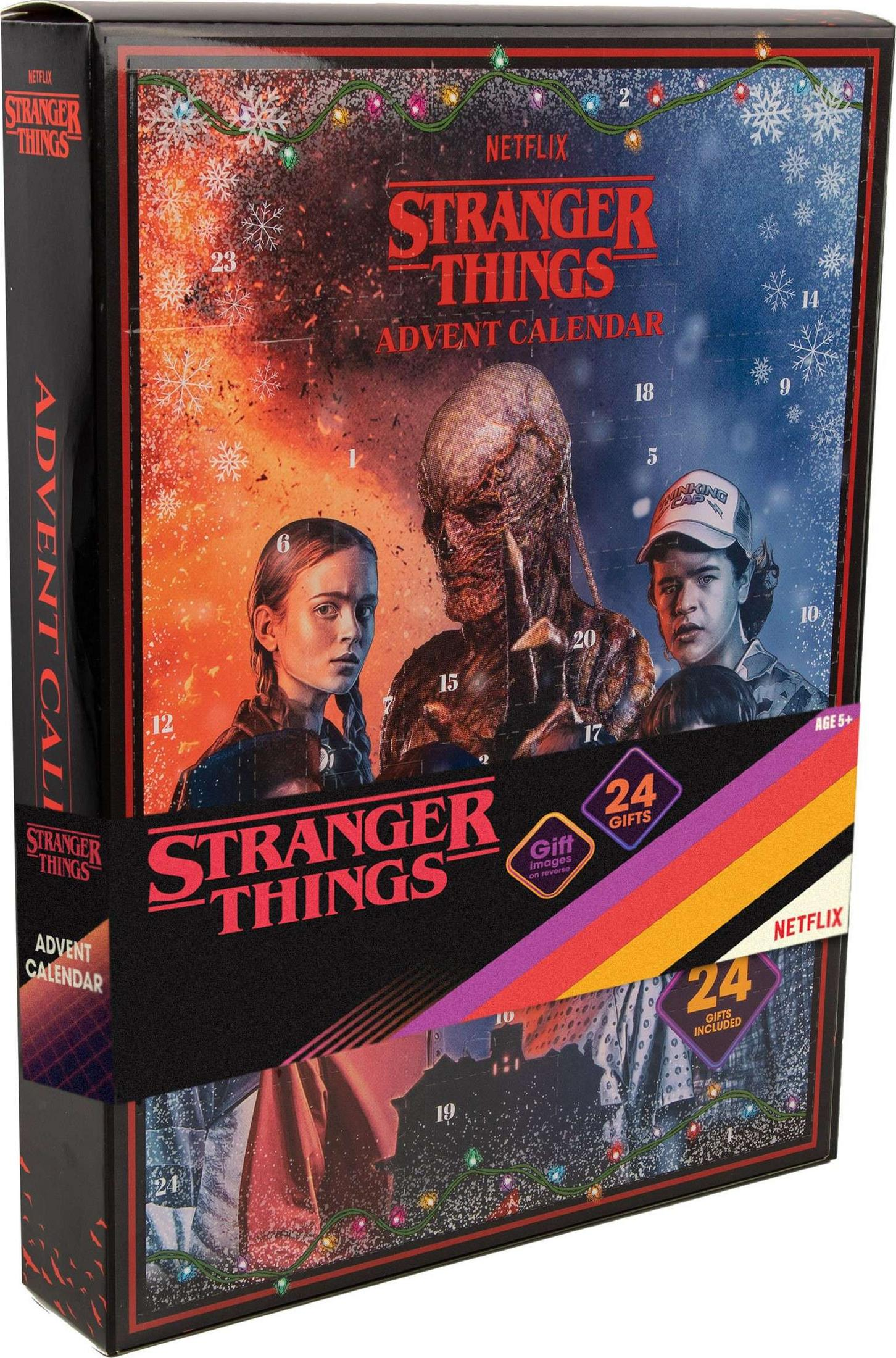 Calendrier de l'avent Stranger Things avec personnages et décorations de fête.