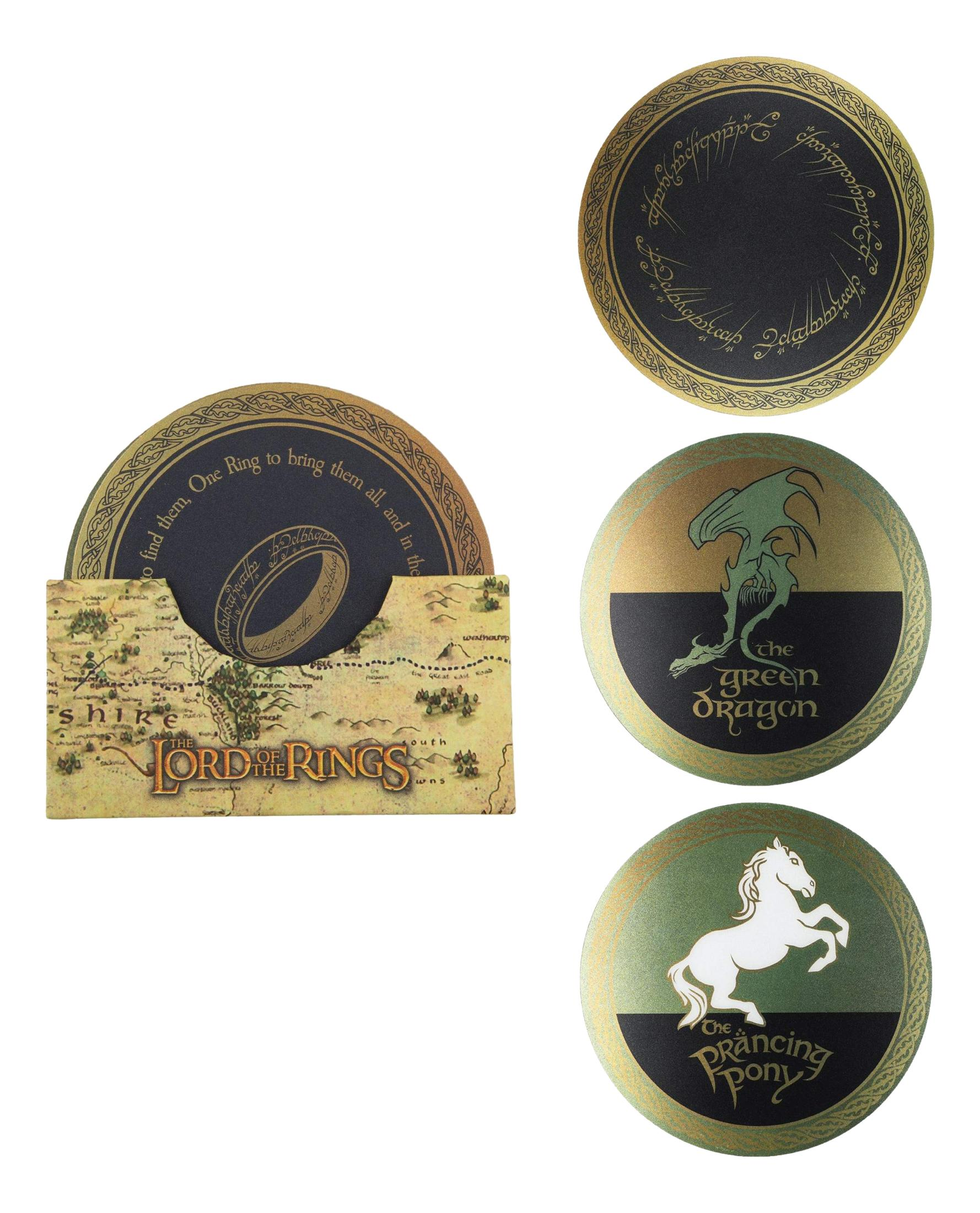Herr der Ringe-Untersetzer: Ein Ring, ein Drache, ein Pferd und ein Ringtext.