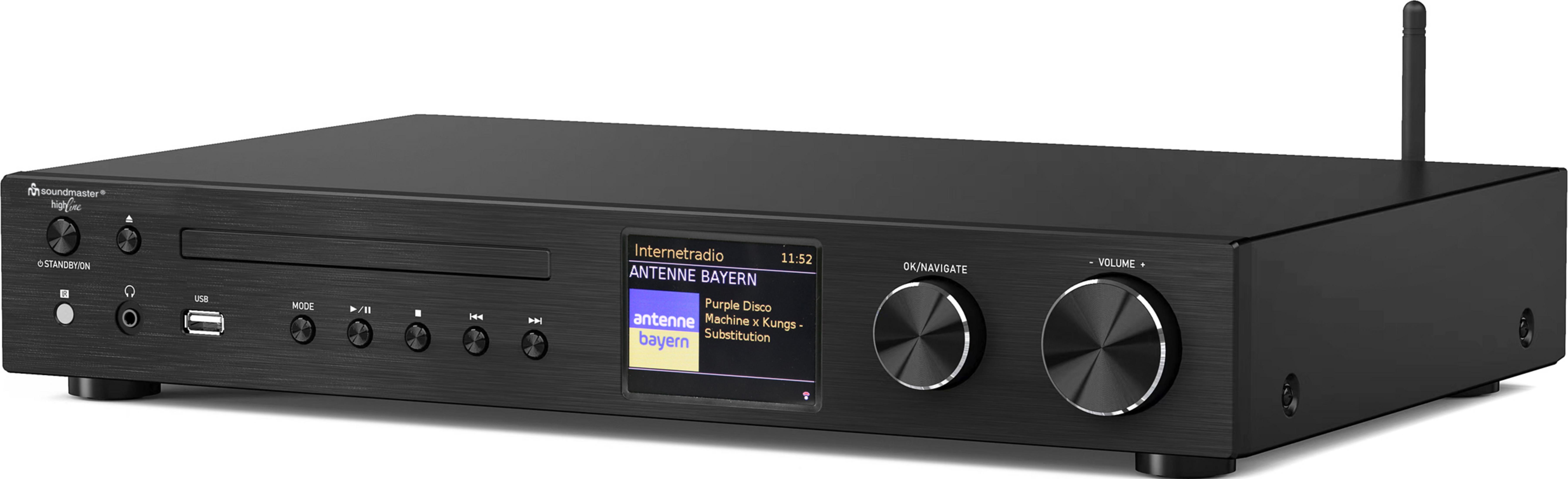 Schwarzer Internetradio mit CD-Schacht, Display und Knöpfen.