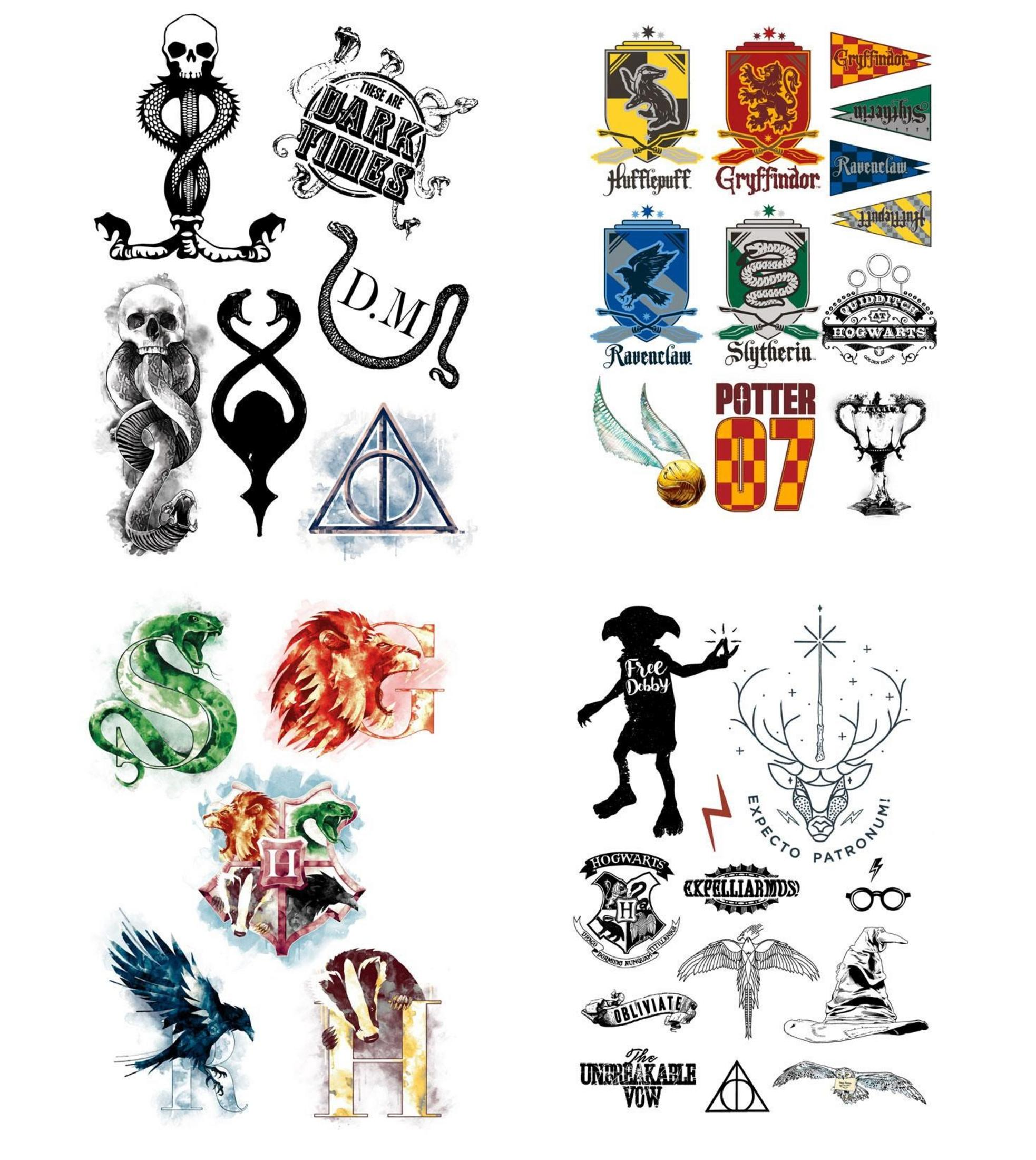 Collage mit Harry Potter-Symbolen: Wappen, Schlangen, Schädel, Zauberstab, Pokal.