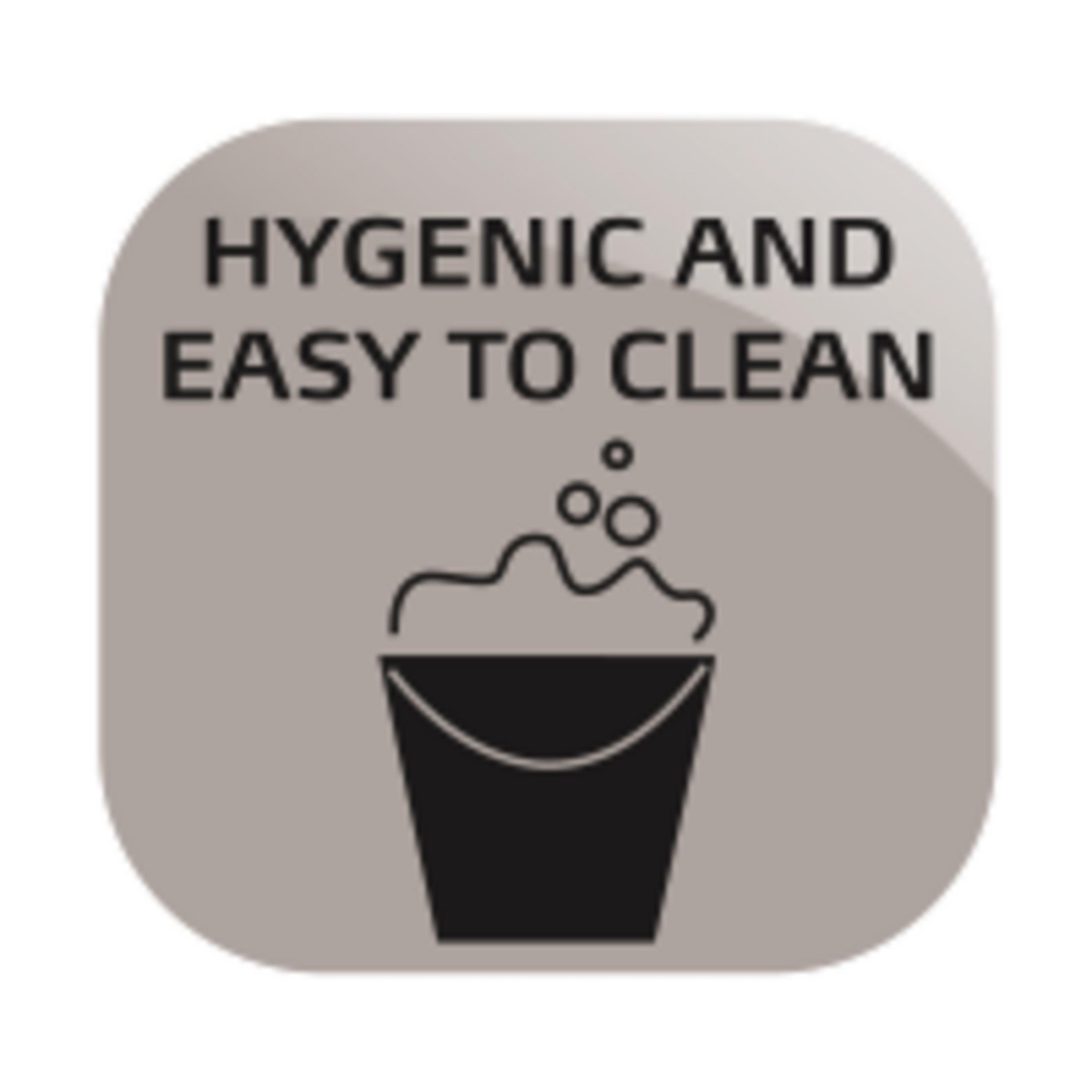 Eimer mit Schaum und Text: Hygienisch und leicht zu reinigen.