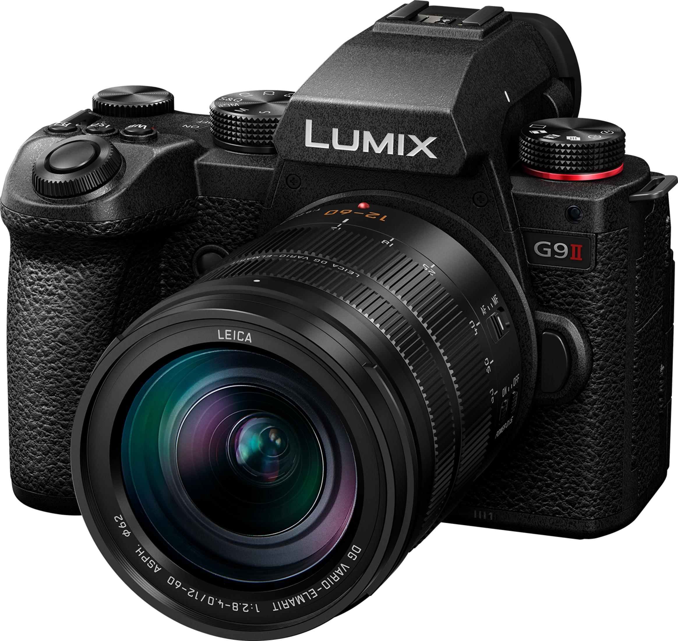 Schwarze Panasonic Lumix G9II Kamera mit Leica Objektiv, Nahaufnahme.