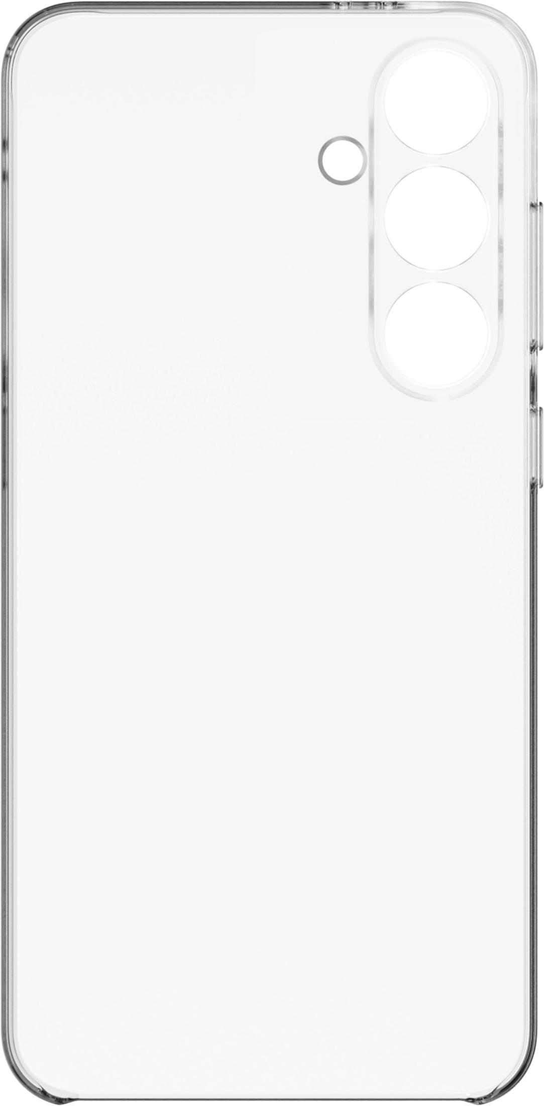 Funda transparente para teléfono con tres recortes para lentes de cámara arriba a la derecha.