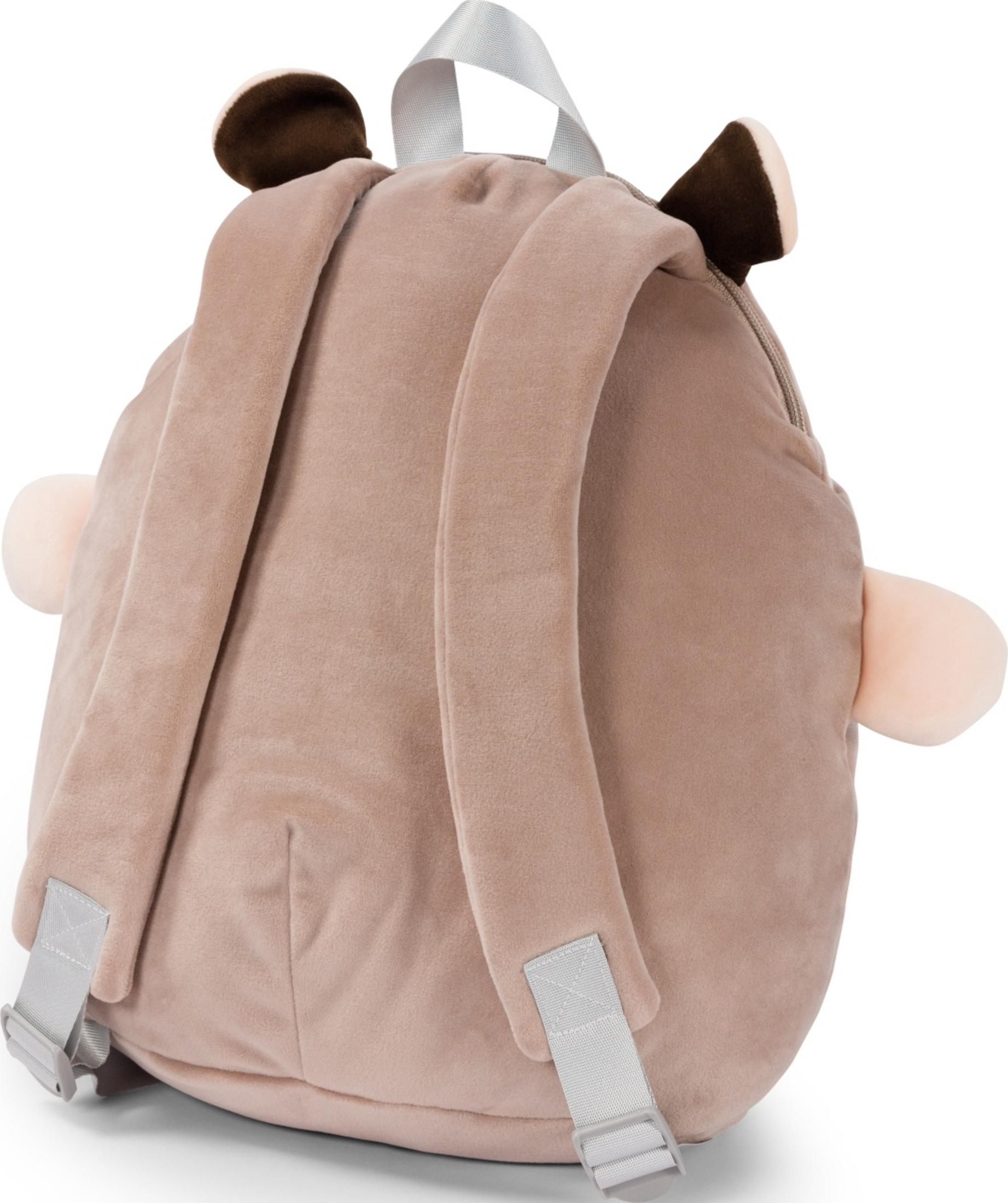 Ein beiger Plüschrucksack mit braunen Ohren und Wangen.