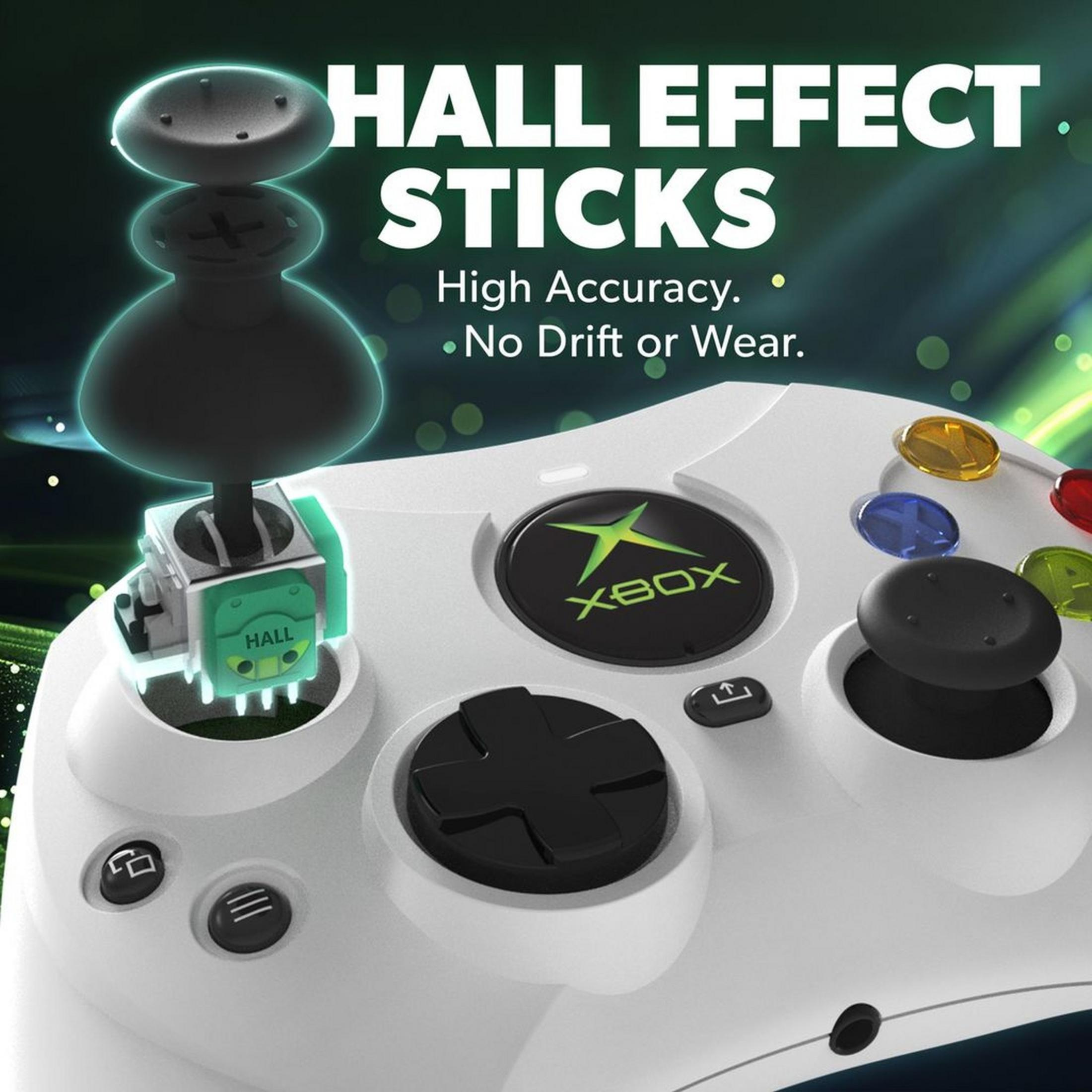 Een witte Xbox-controller, met de nadruk op de Hall Effect-joystick.