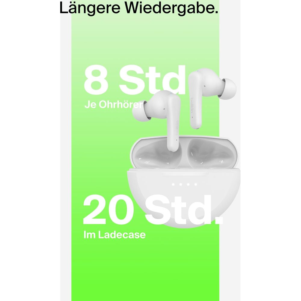 Białe słuchawki bezprzewodowe w etui ładującym. 8h na słuchawkę, 20h łącznie.