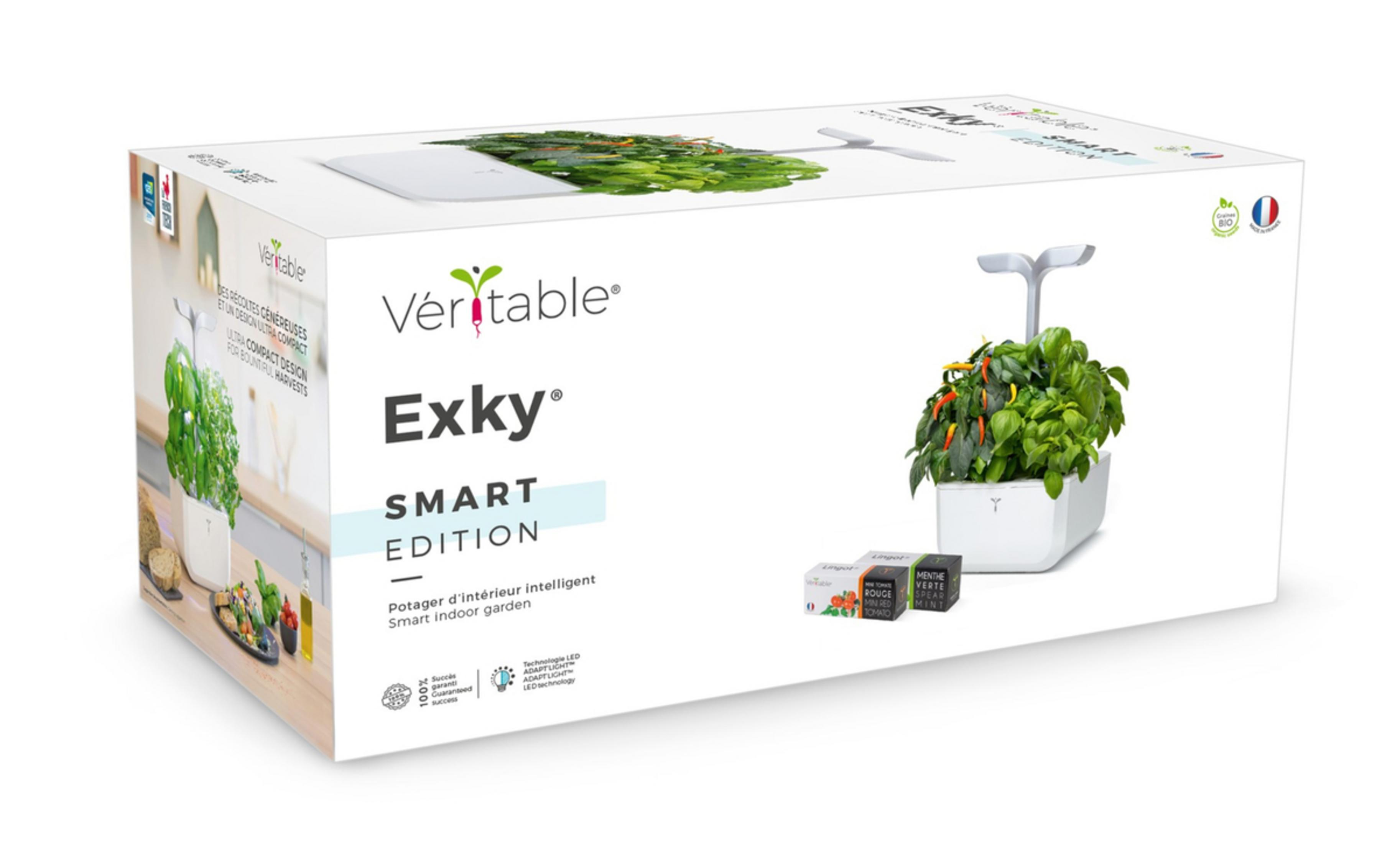 Verpackung für einen smarten Indoor-Garten mit Pflanzen und "Exky"-Logo.