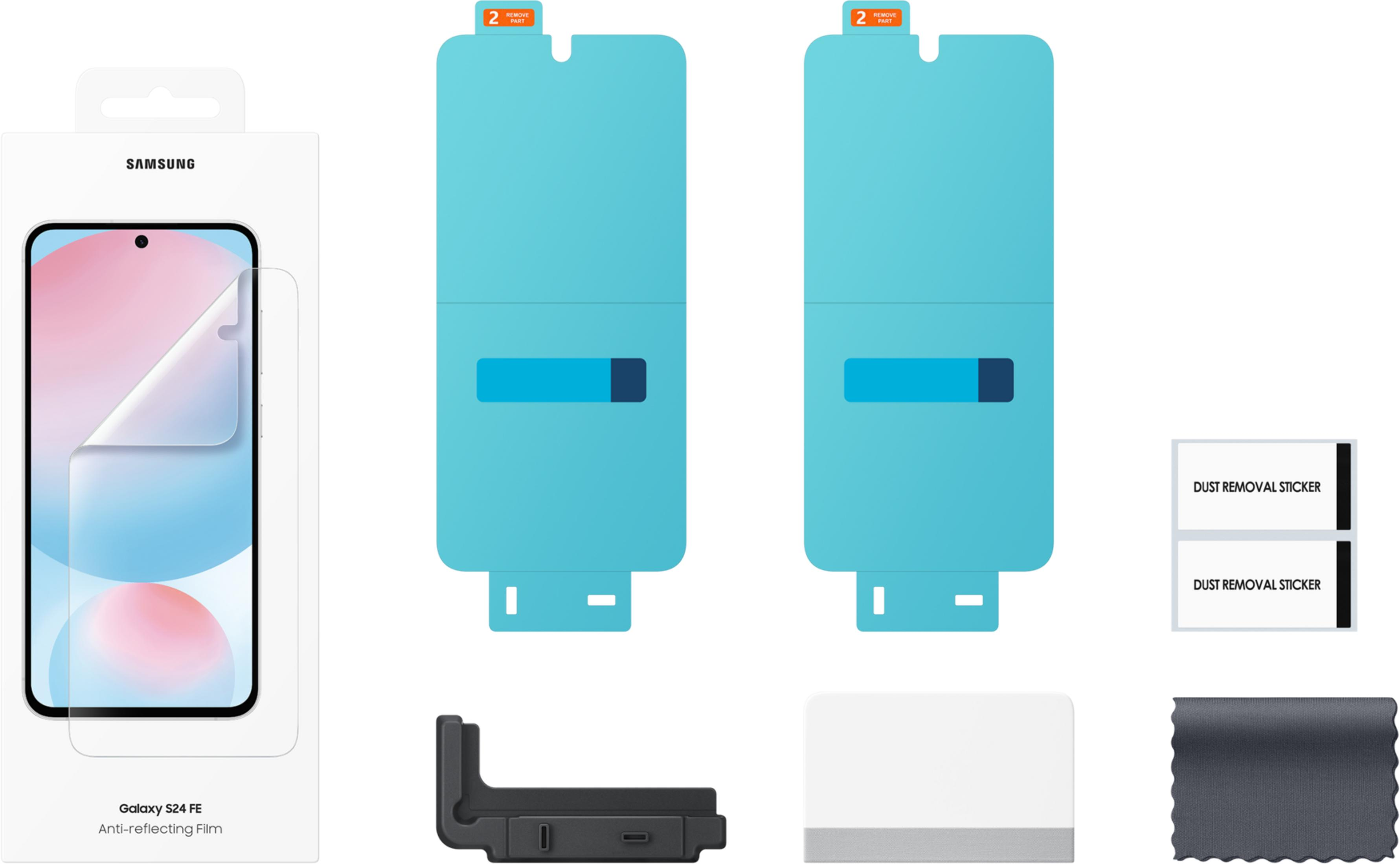 Zestaw folii ochronnej na ekran Samsung S24 FE z dwoma foliami, naklejkami do usuwania kurzu.