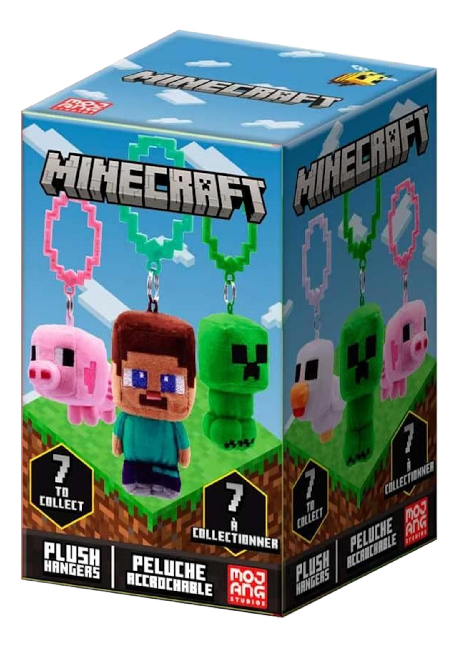 Minecraft-Plüschanhänger-Box mit Schwein, Steve, Creeper und Huhn.