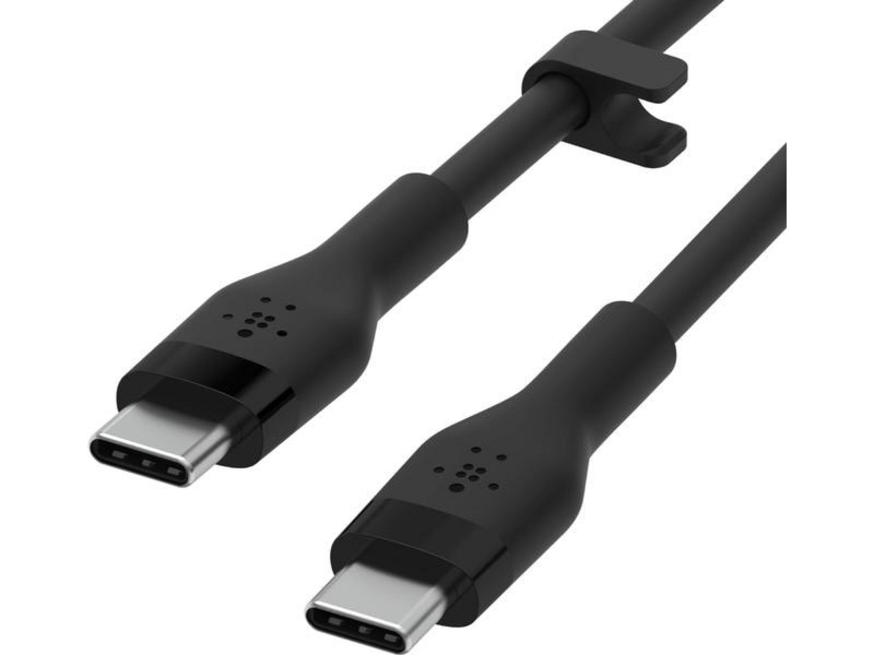 Due cavi USB-C neri con connettori argentati su sfondo bianco.