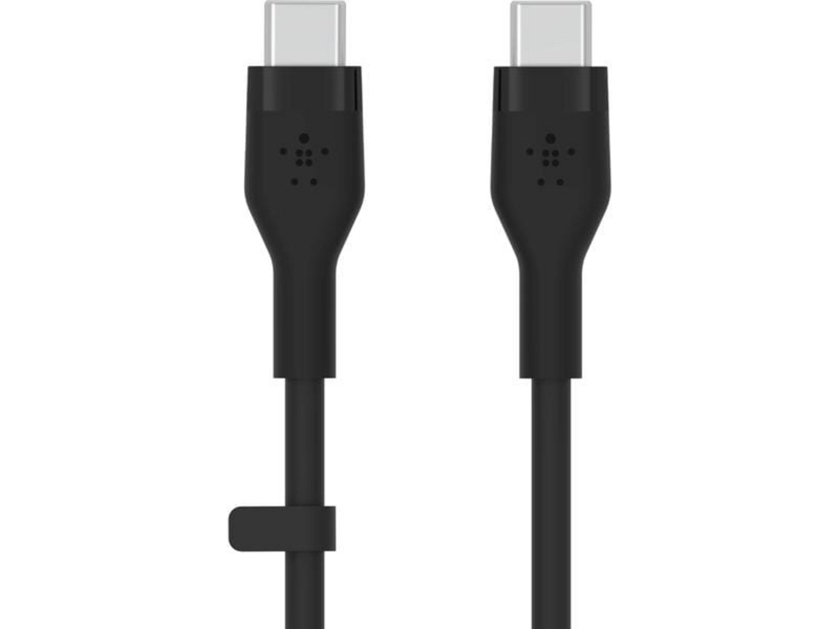 Due cavi USB-C neri con connettori argentati giacciono fianco a fianco.