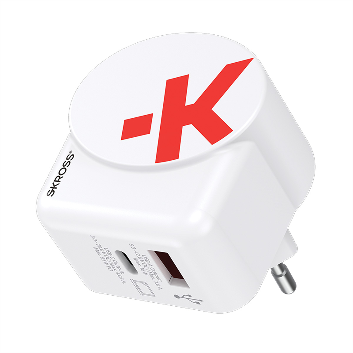 Adattatore USB bianco con logo rosso -K. Dispone di porte USB-A e USB-C.