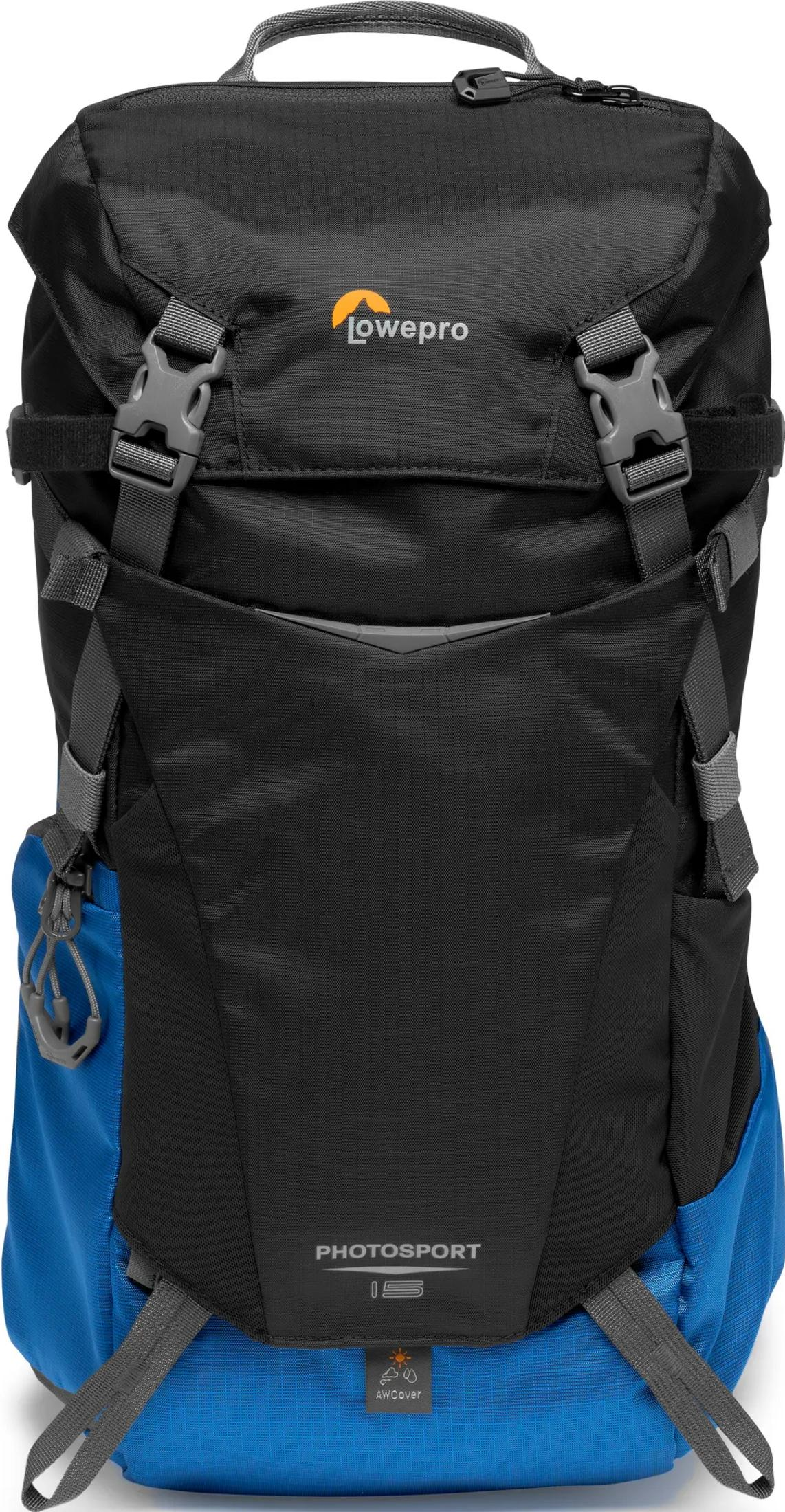 Sac à dos noir et bleu avec logo Lowepro, boucles et fermetures éclair.