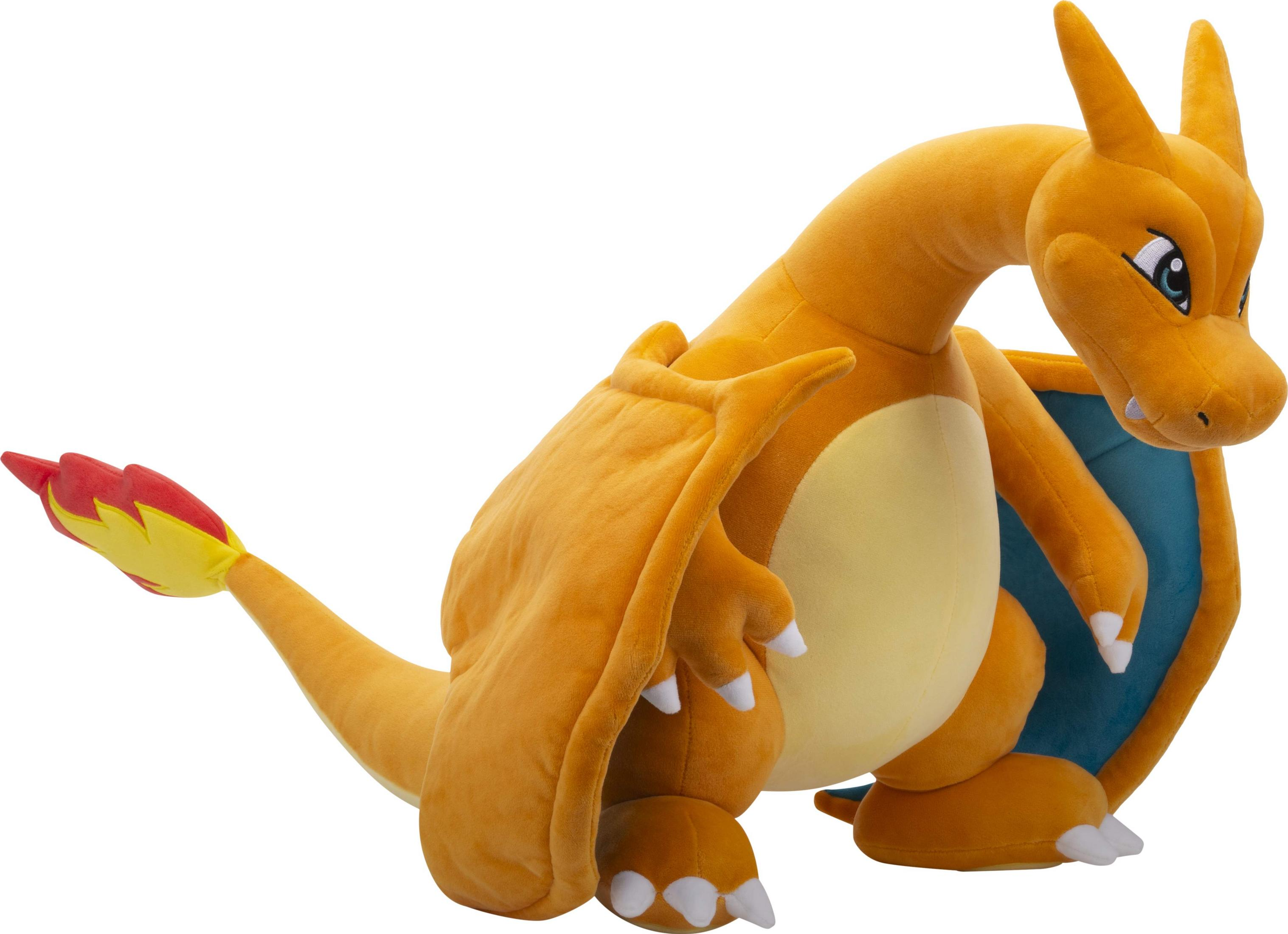 Ein orangefarbener Plüsch-Charizard mit blauen Flügeln und einem Flammenende.