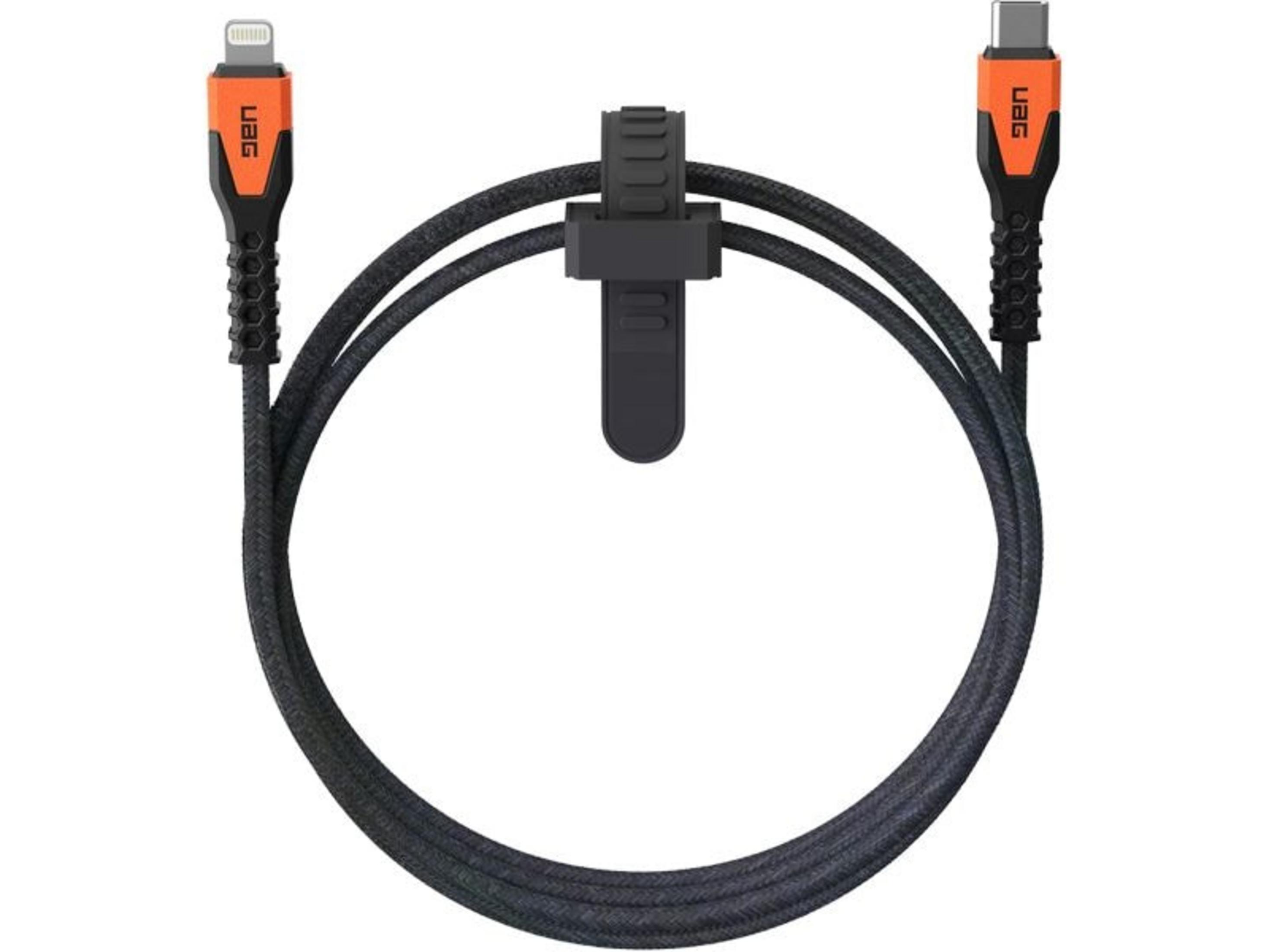 Un câble de chargement noir avec connecteurs orange et une sangle velcro.