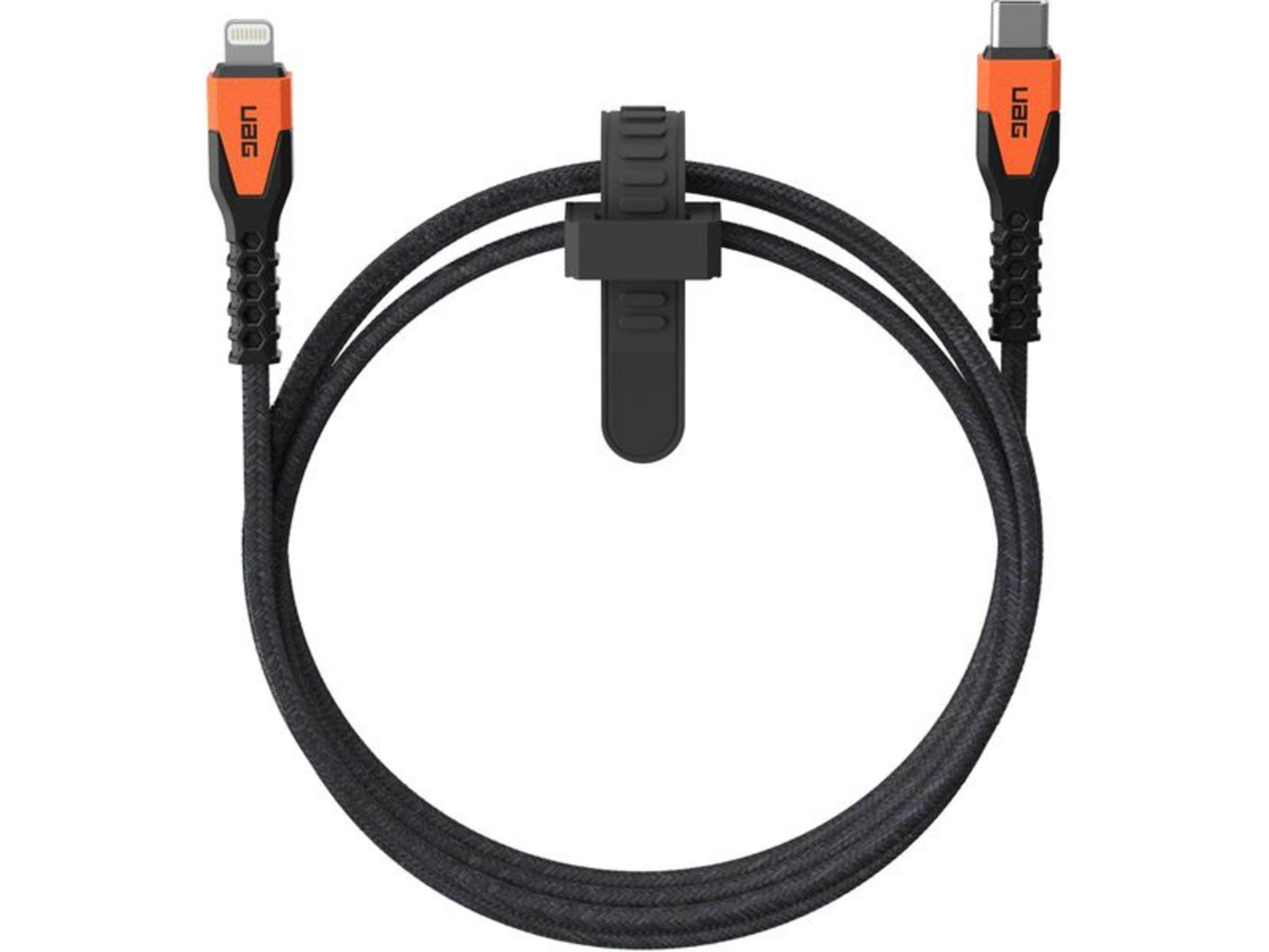 Câble noir avec connecteurs orange : Lightning et USB-C.