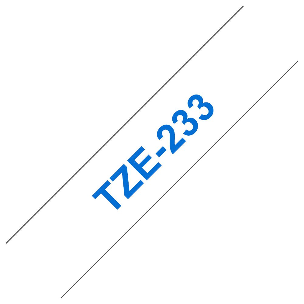 Testo blu TZE-233 su nastro bianco tra due linee grigie.